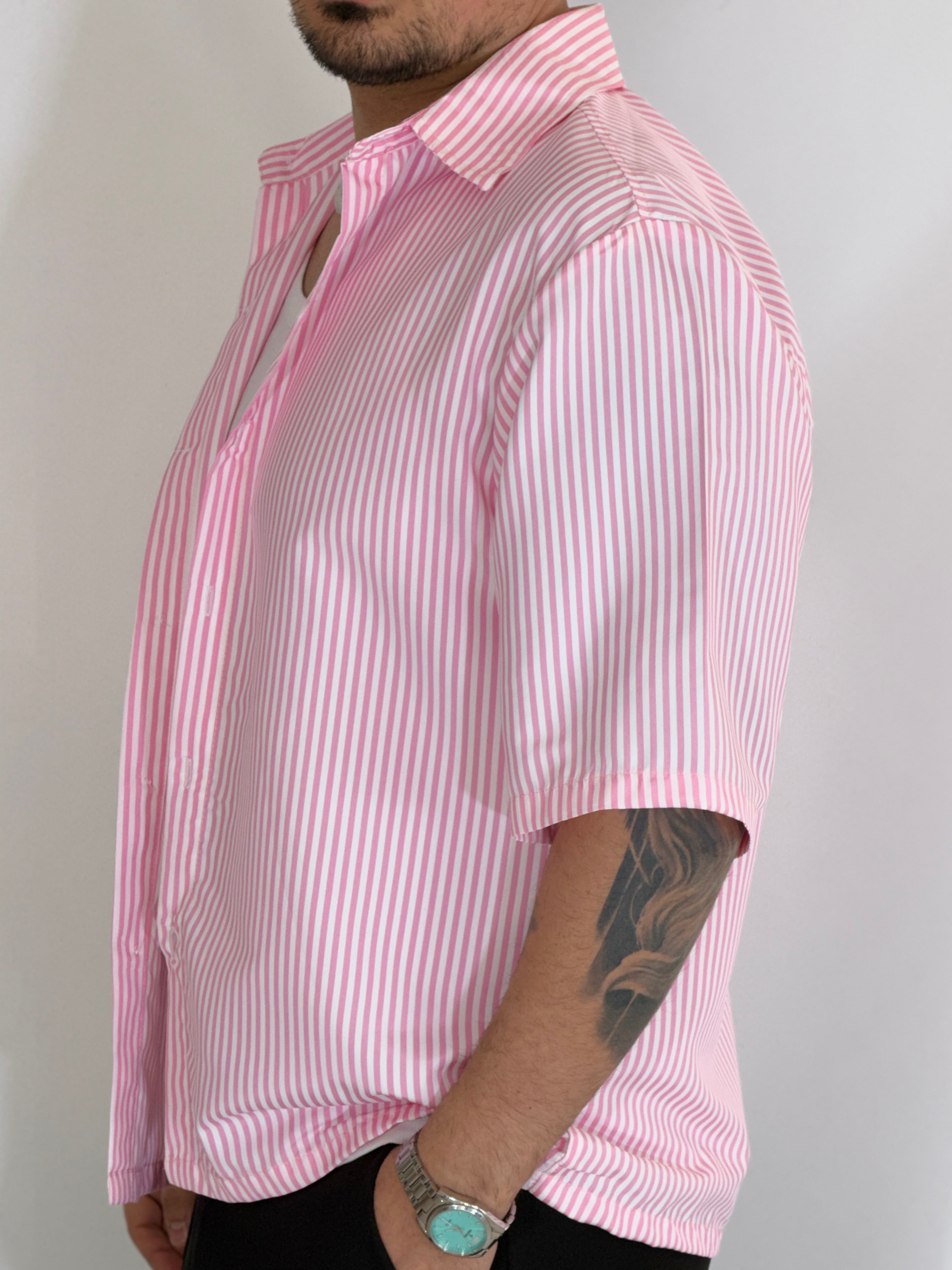 Camicia cropped rigata rosa CAM7758