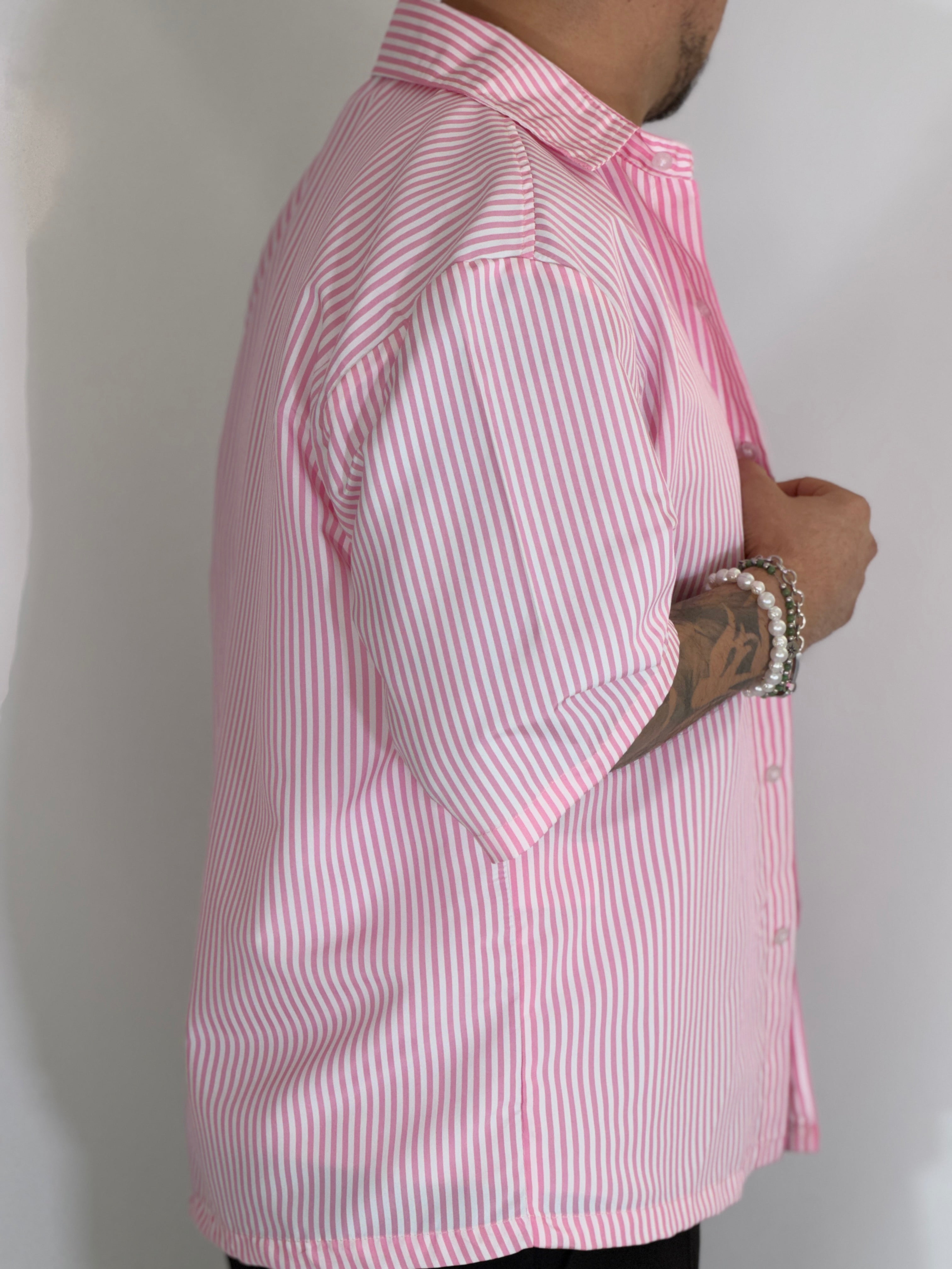 Camicia cropped rigata rosa CAM7758
