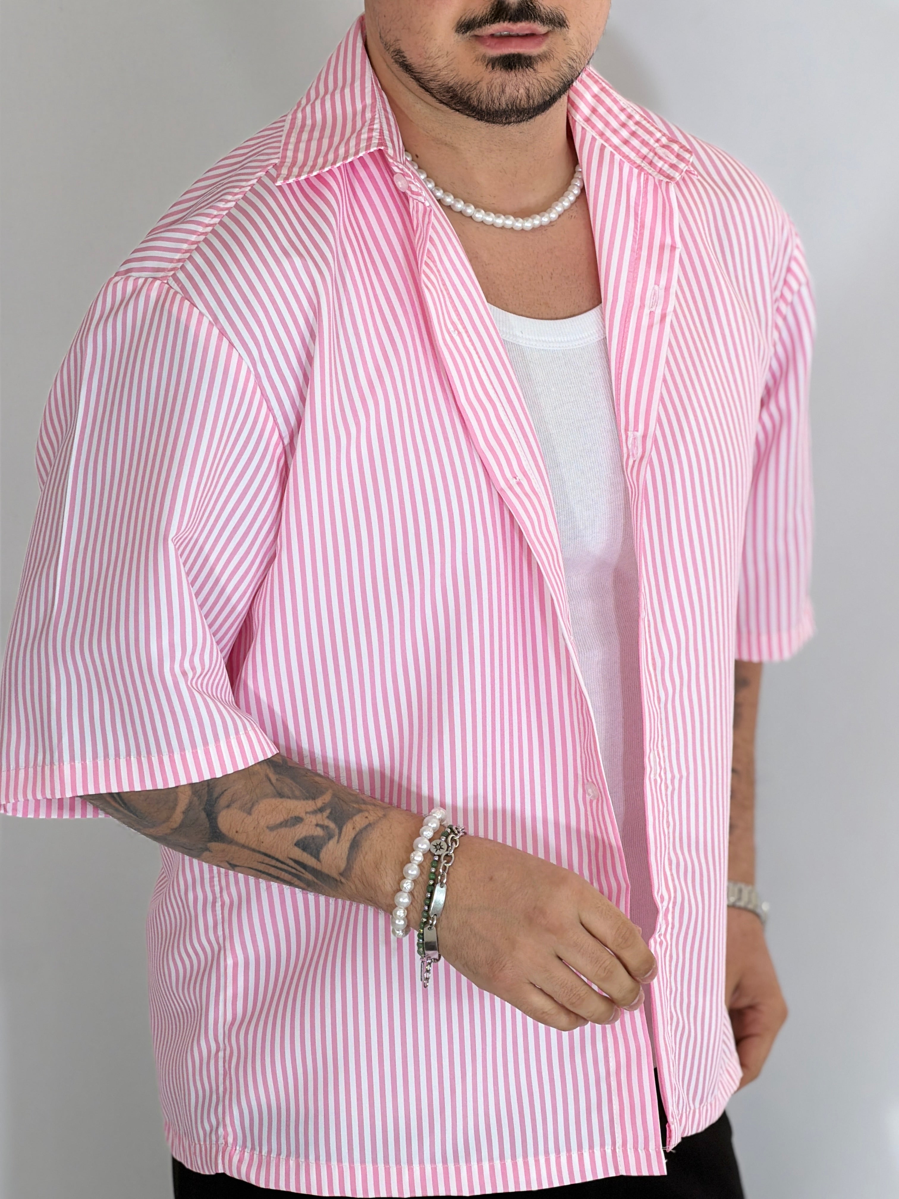 Camicia cropped rigata rosa CAM7758