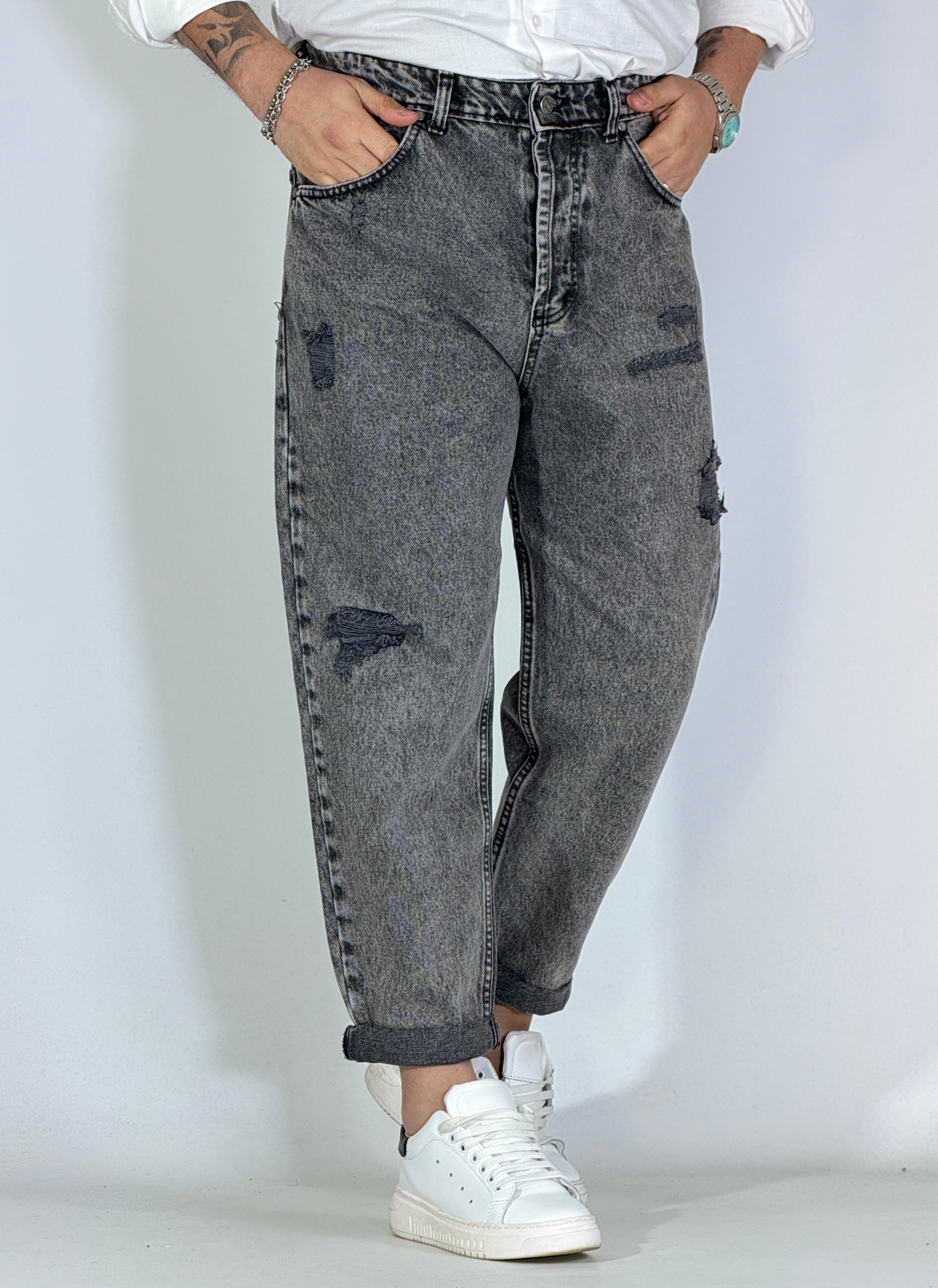 Jeans japan marmorizzato nero con rotture