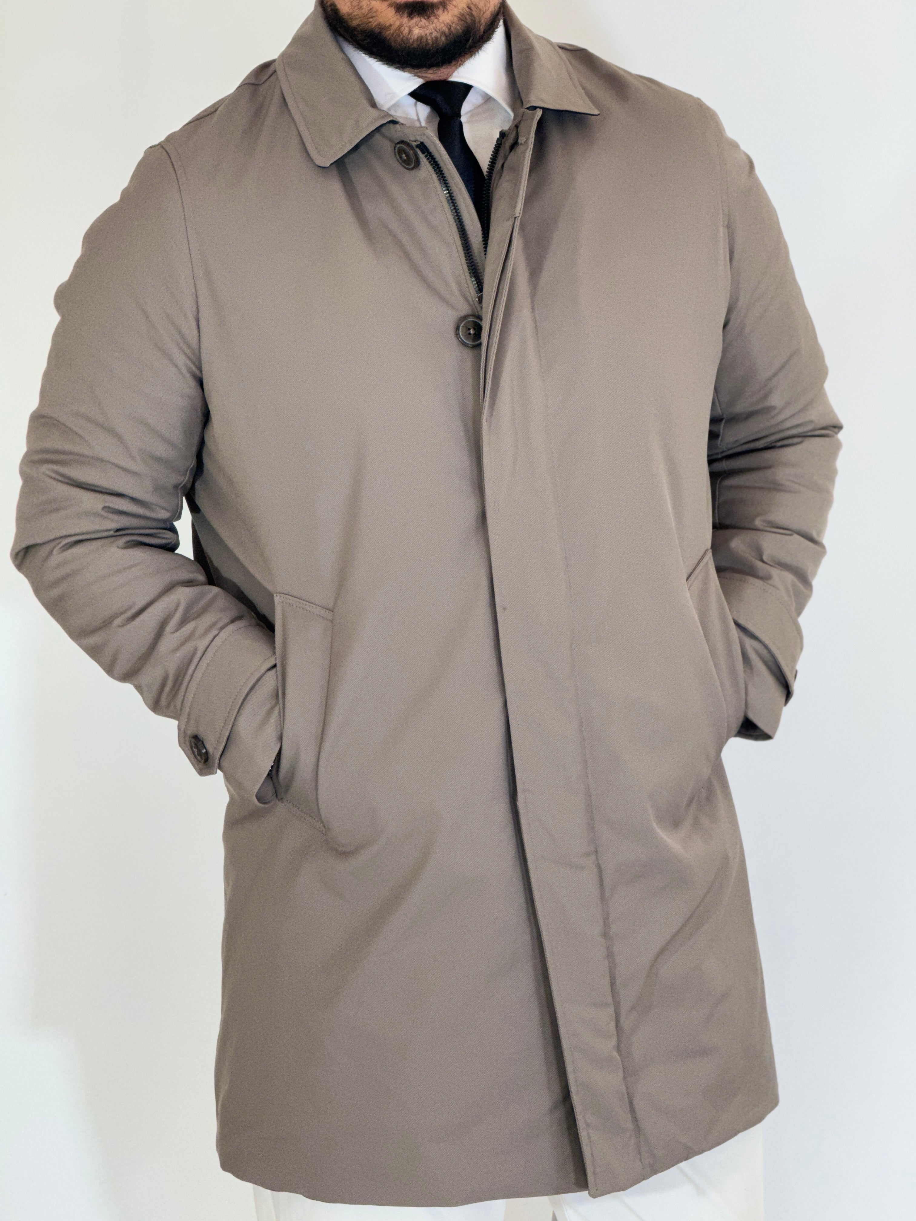 Trench tessuto diagonale imbottito tortora RCS007WF