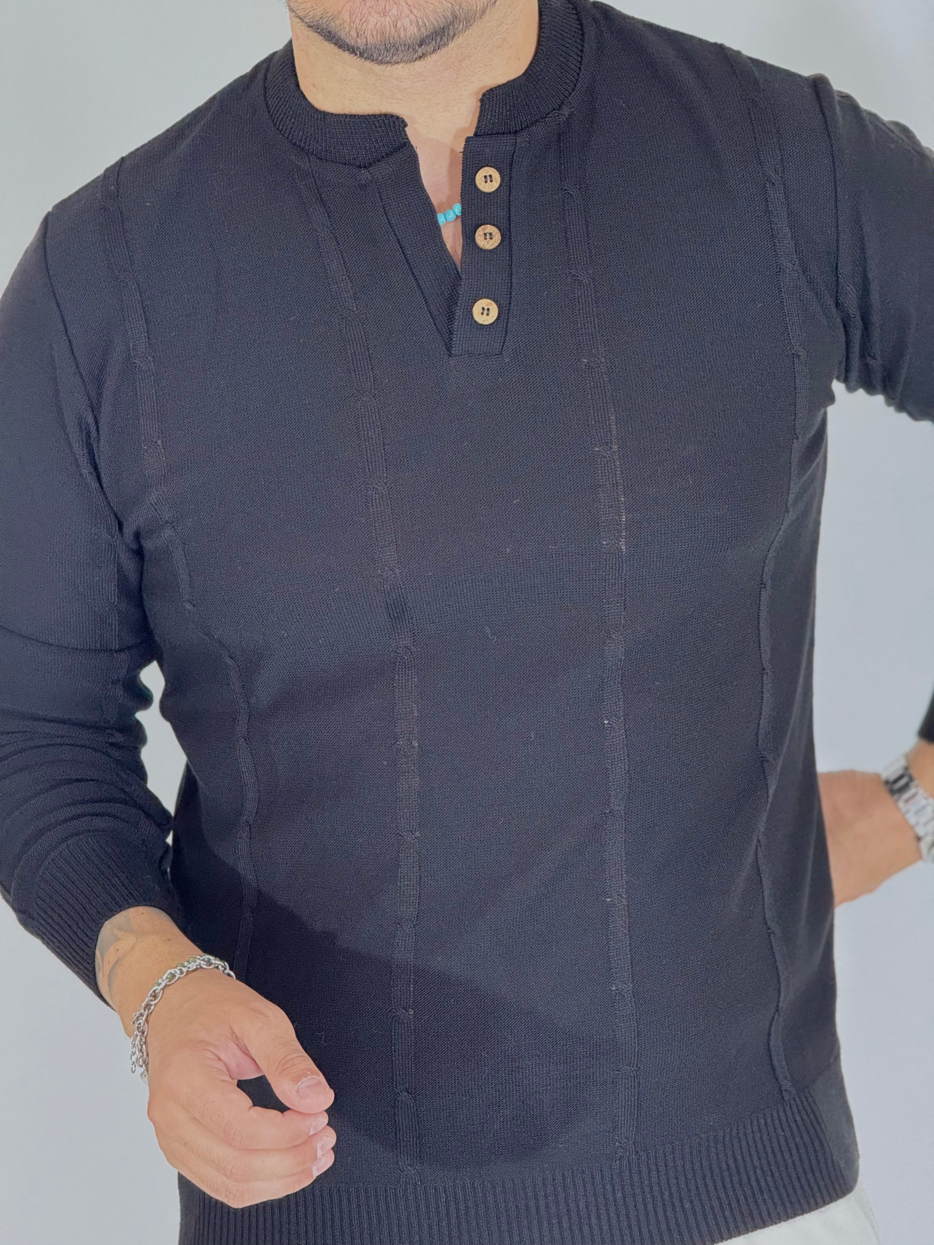 Maglia serafino 3 bottoni nera A446