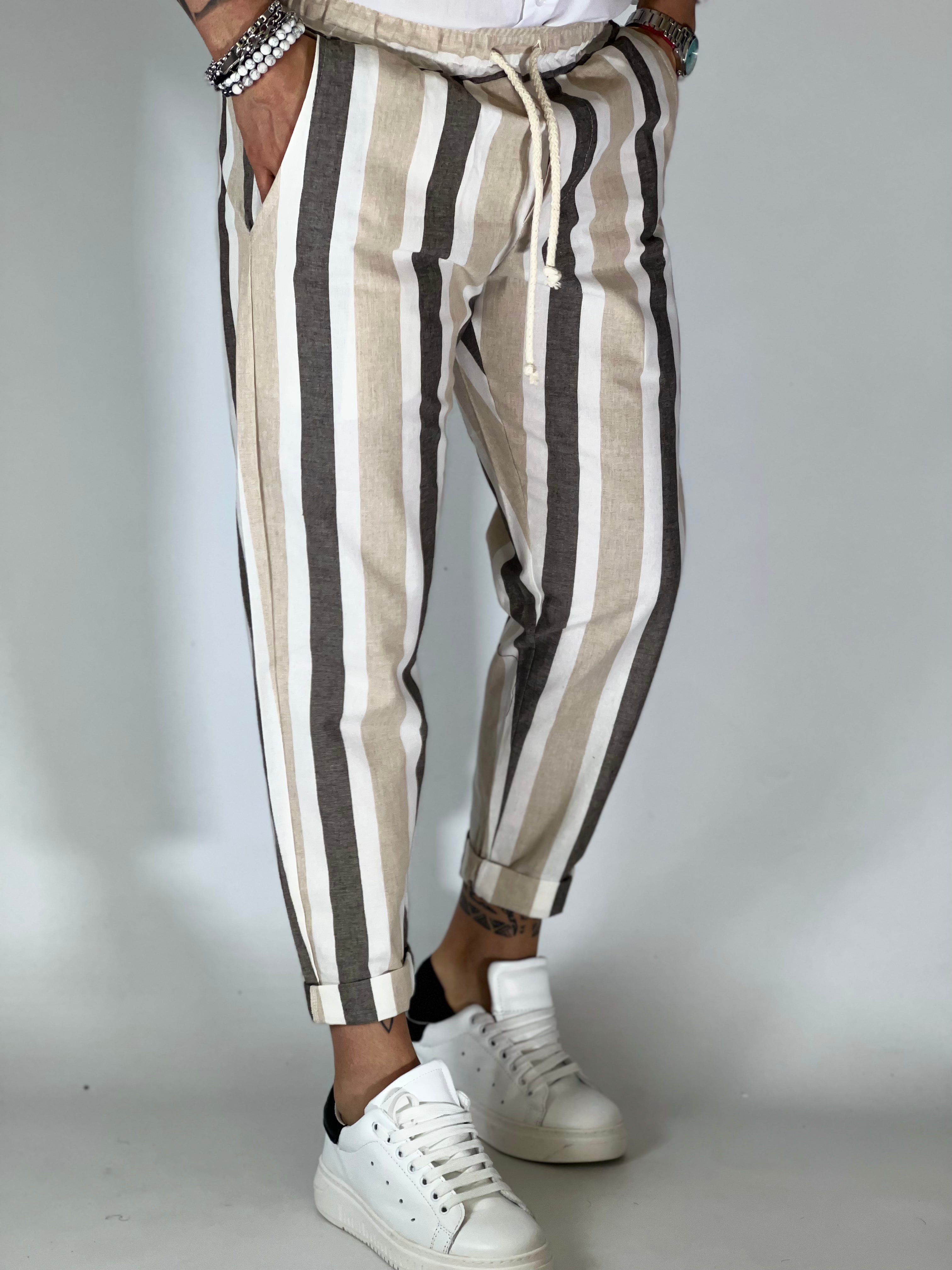 Pantalaccio rigato effetto Lino beige GPE328