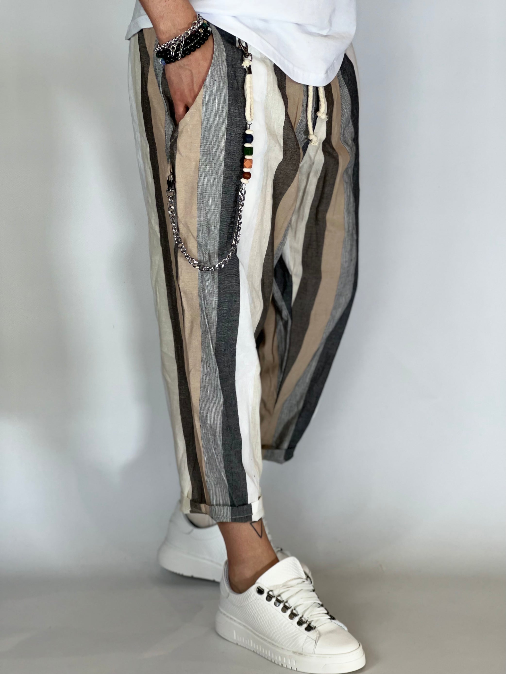 Pantalaccio rigato effetto lino cammello GPE238