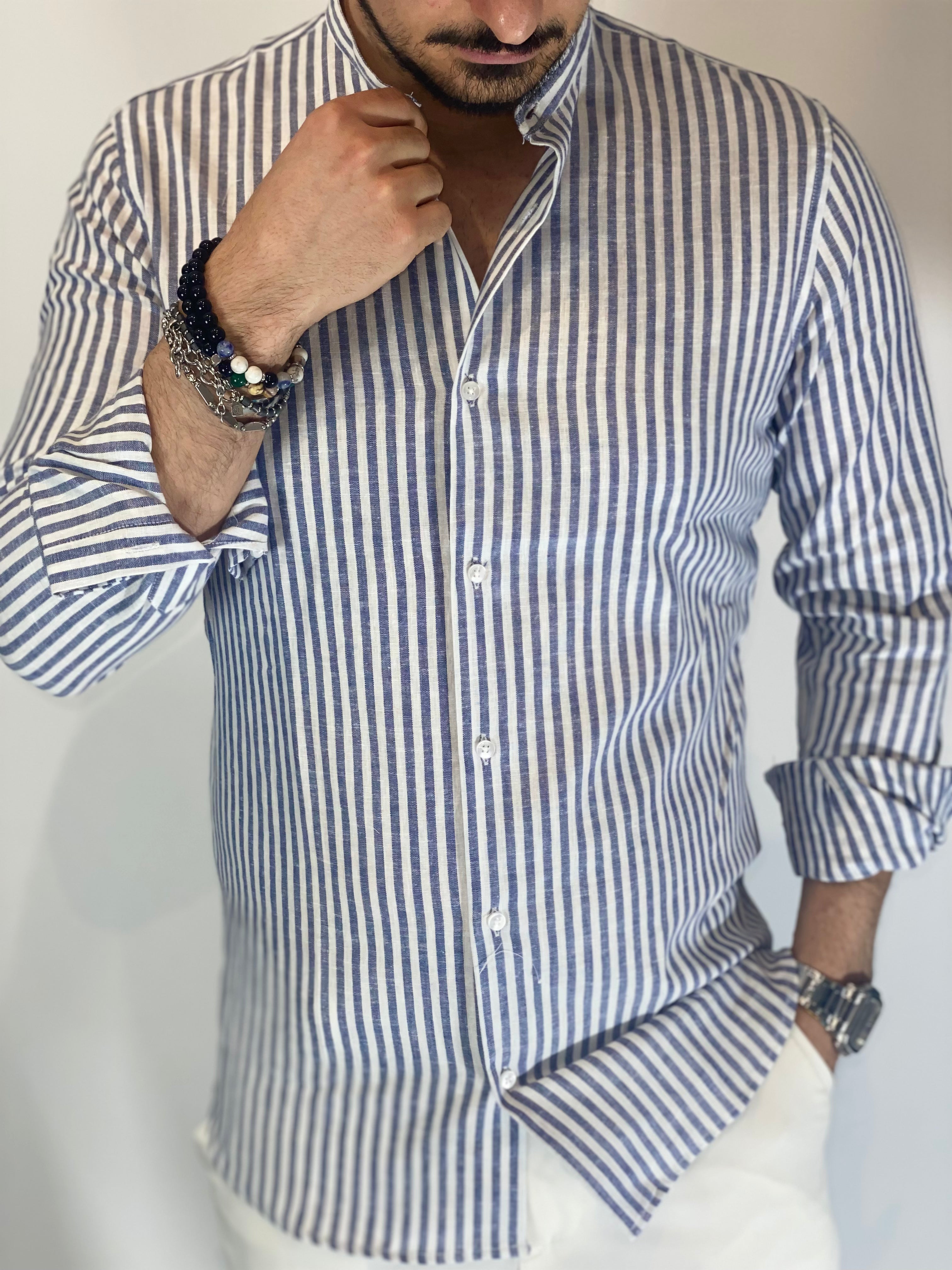 Camicia Lino stretta coreana migliaccio BLU