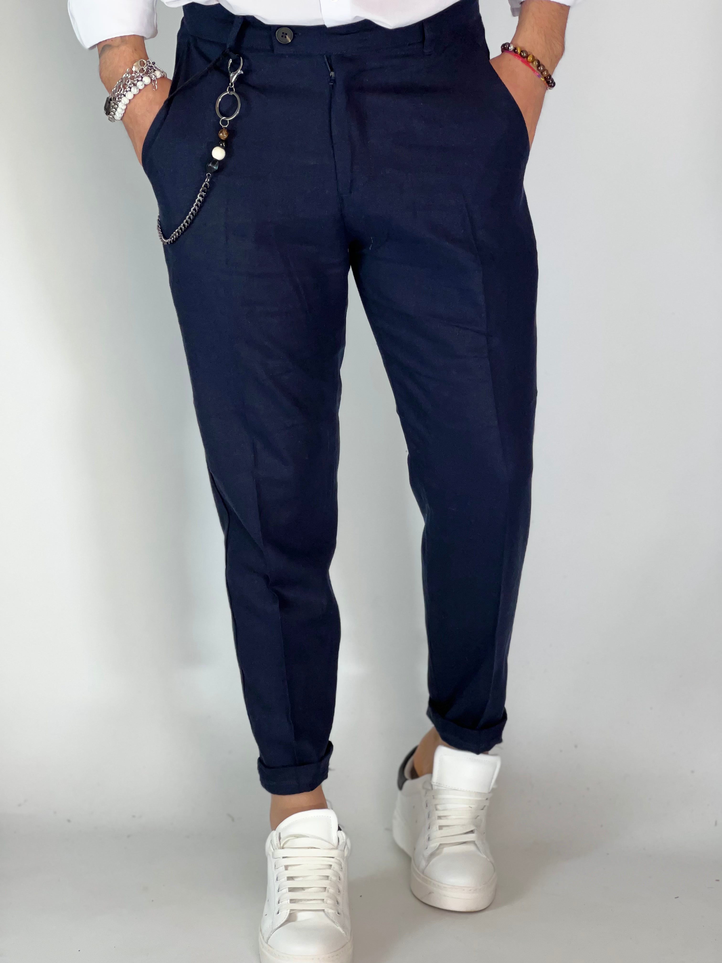 Pantalone elegant in lino blu UG95