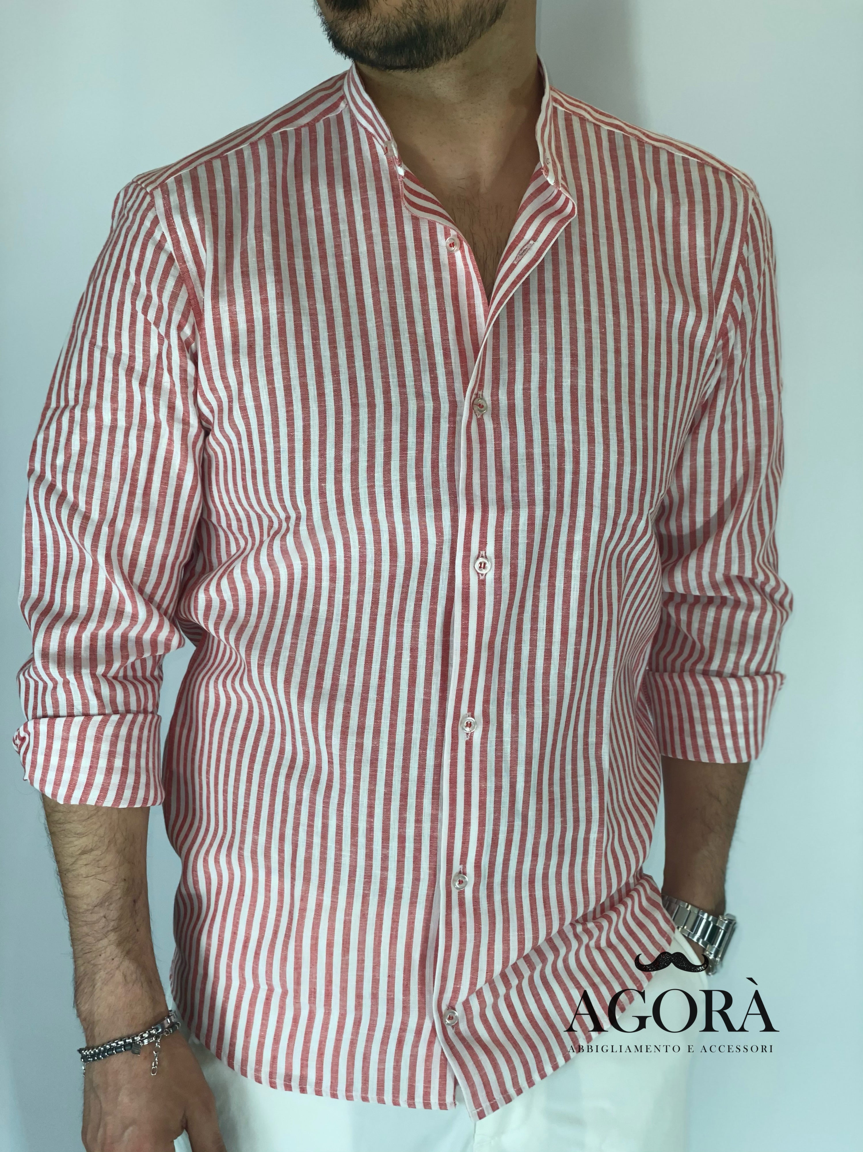 Camicia lino stretta coreana migliaccio ROSSA