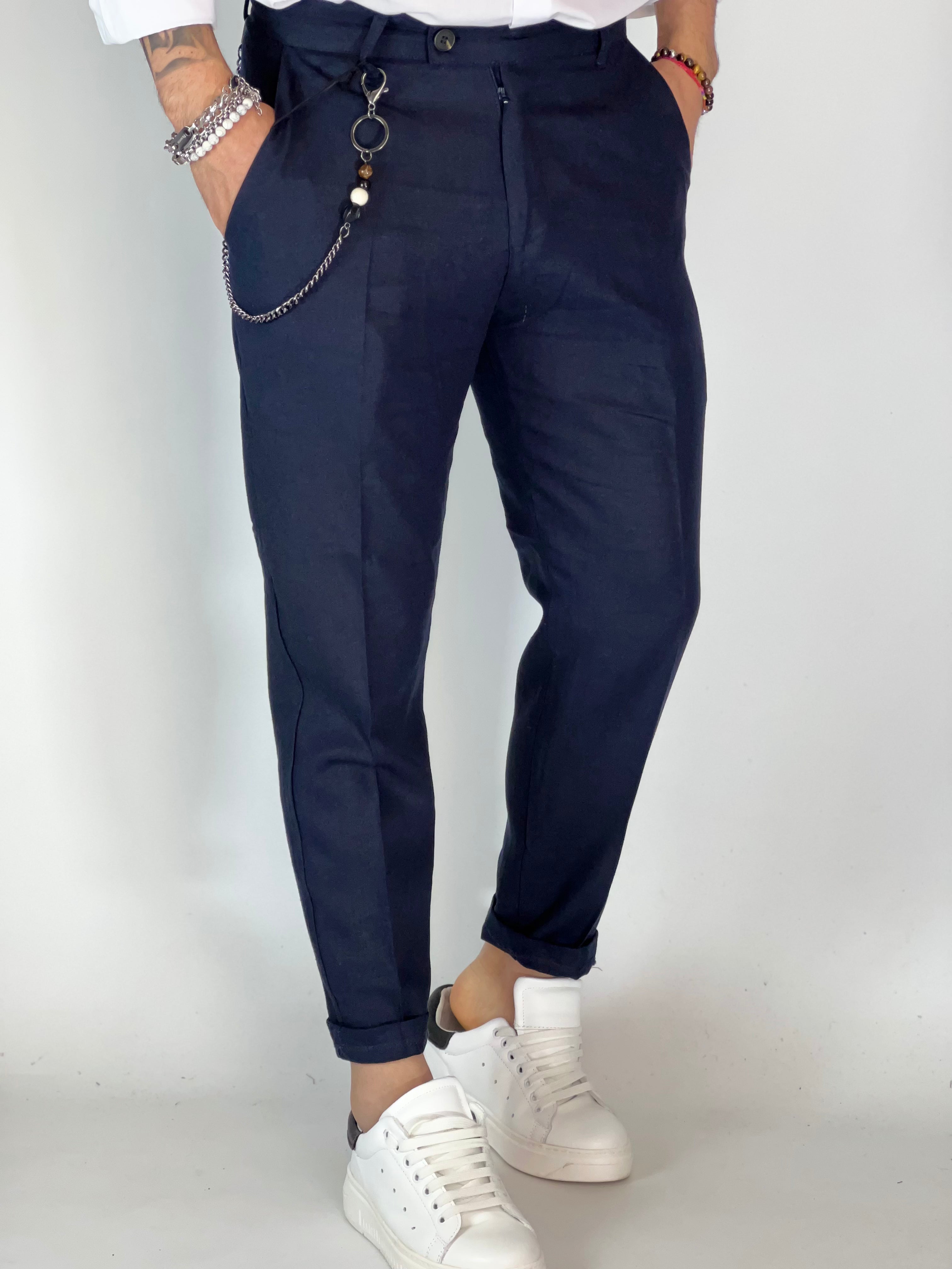 Pantalone elegant in lino blu UG95