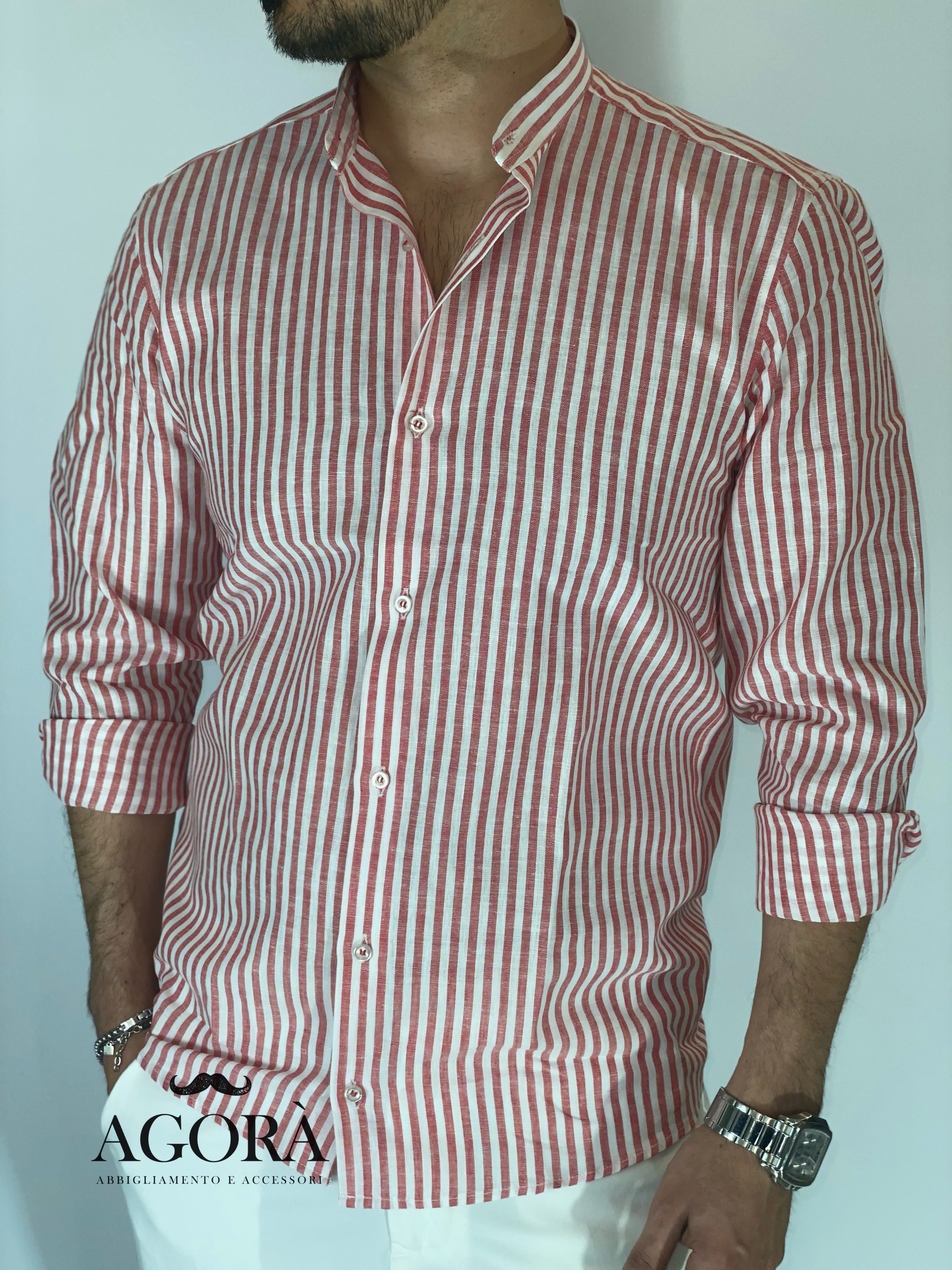 Camicia lino stretta coreana migliaccio ROSSA