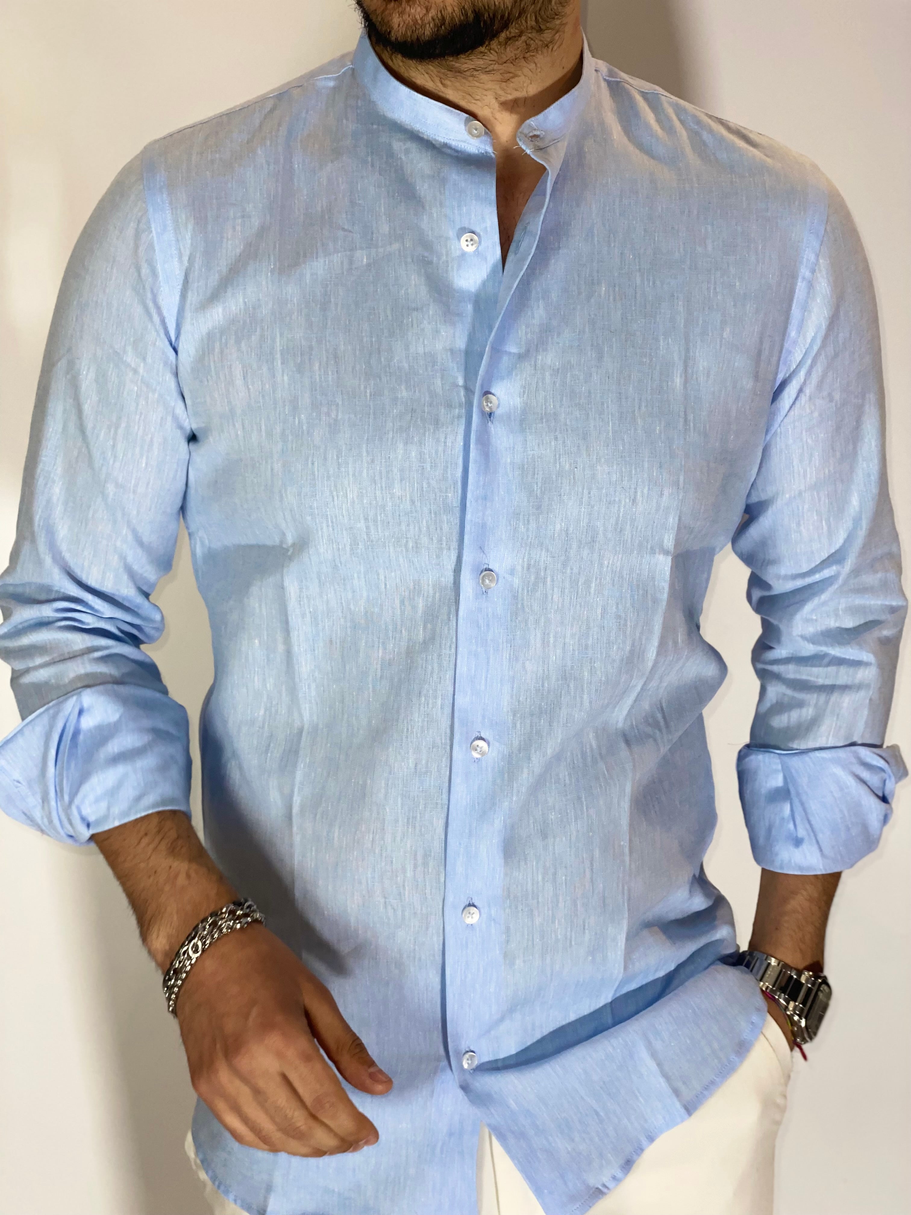 Camicia migliaccio coreana lino CIELO