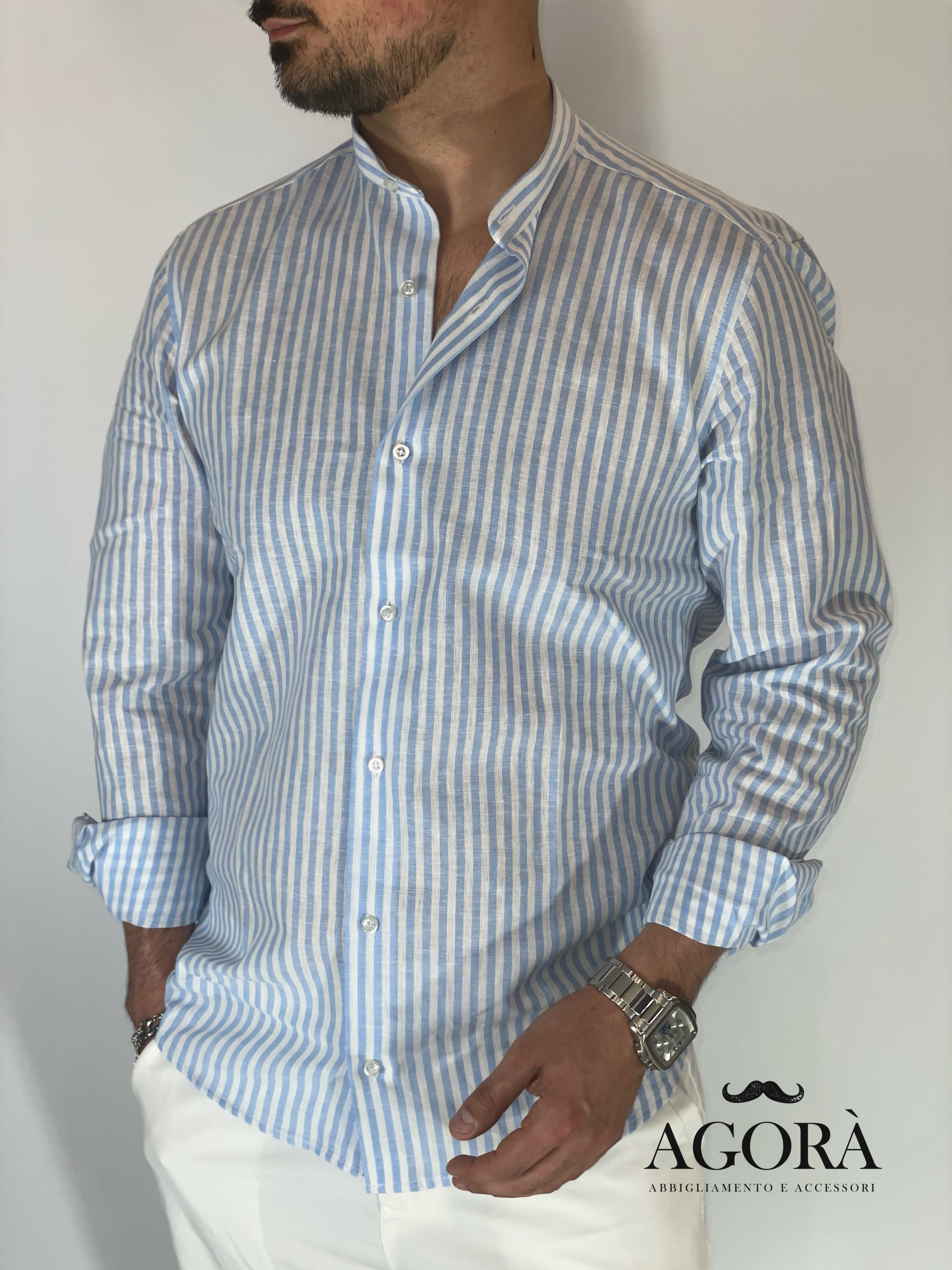 Camicia lino stretta coreana migliaccio CIELO