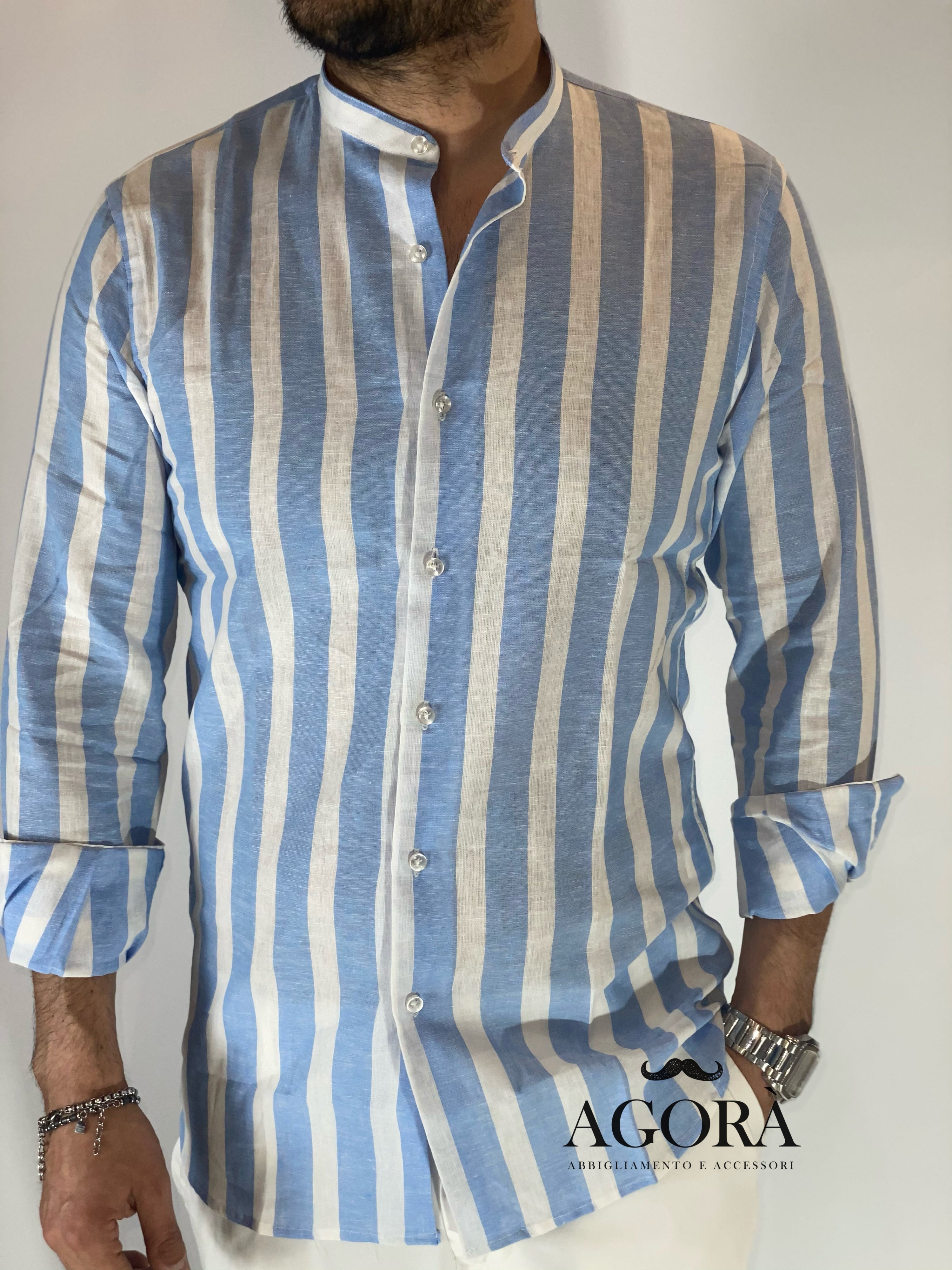 Camicia banda larga lino migliaccio CIELO