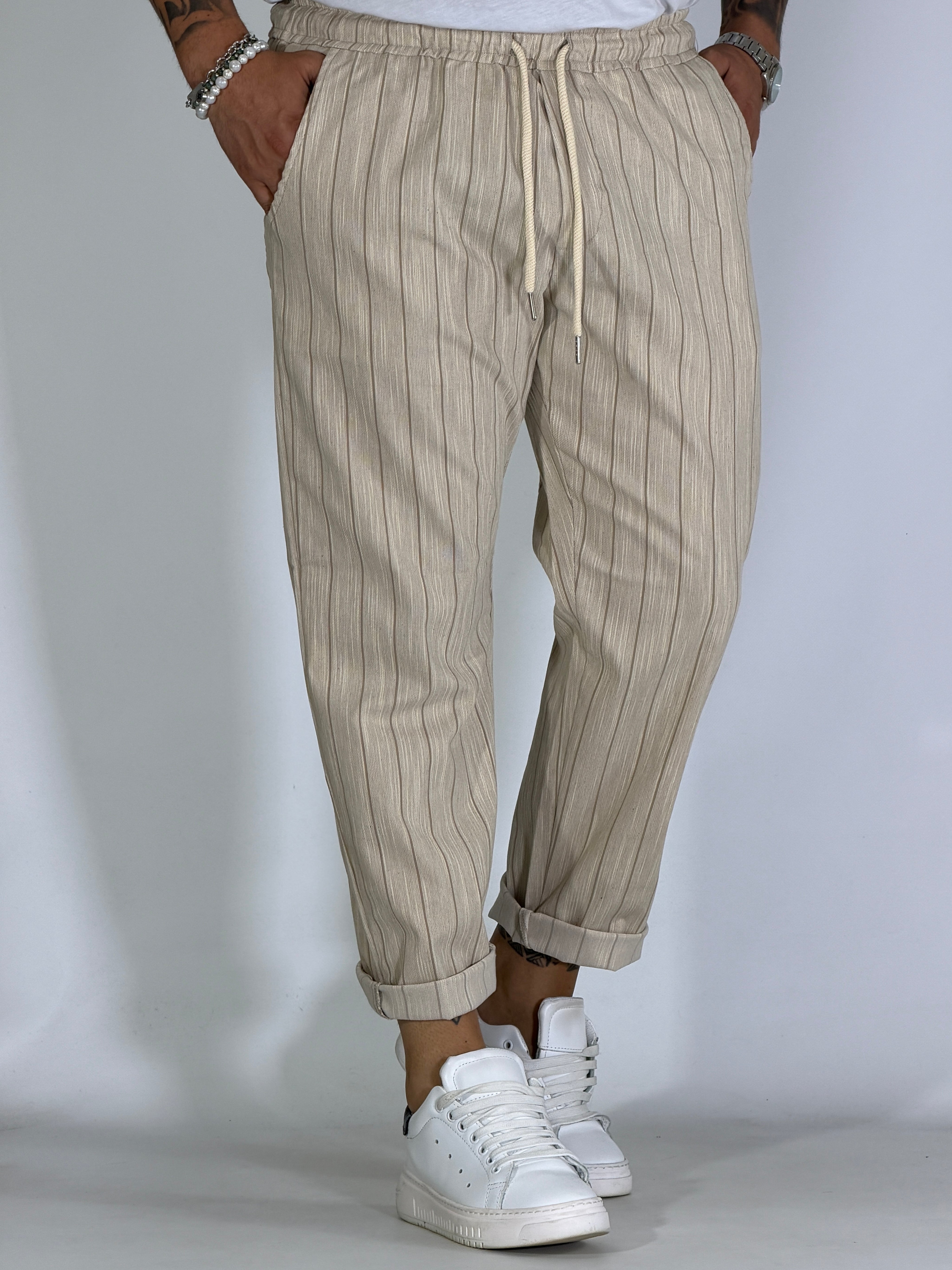 Pantalaccio effetto lino gessato beige LESINA