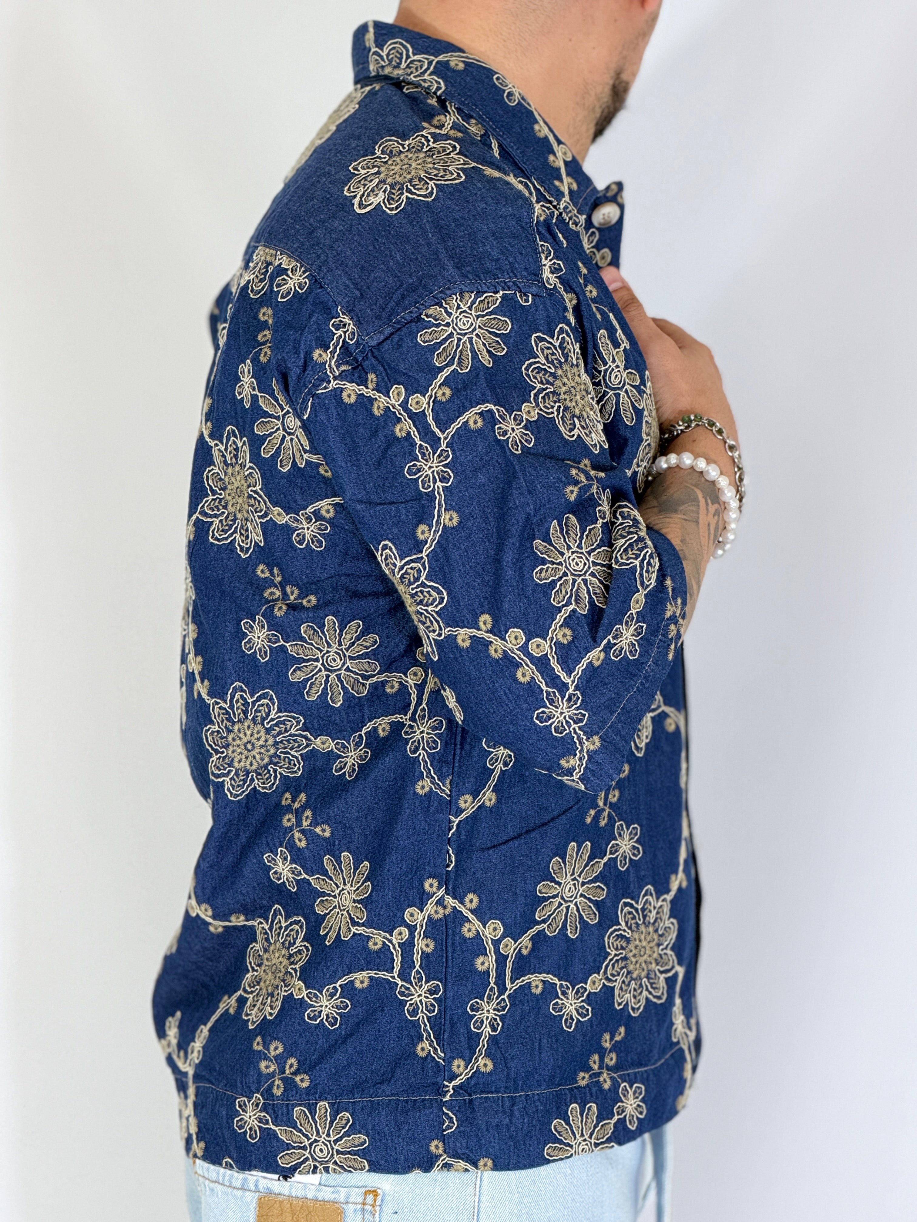 Camicia cropped collo ricamata blu CANYON