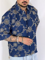 Camicia cropped collo ricamata blu CANYON