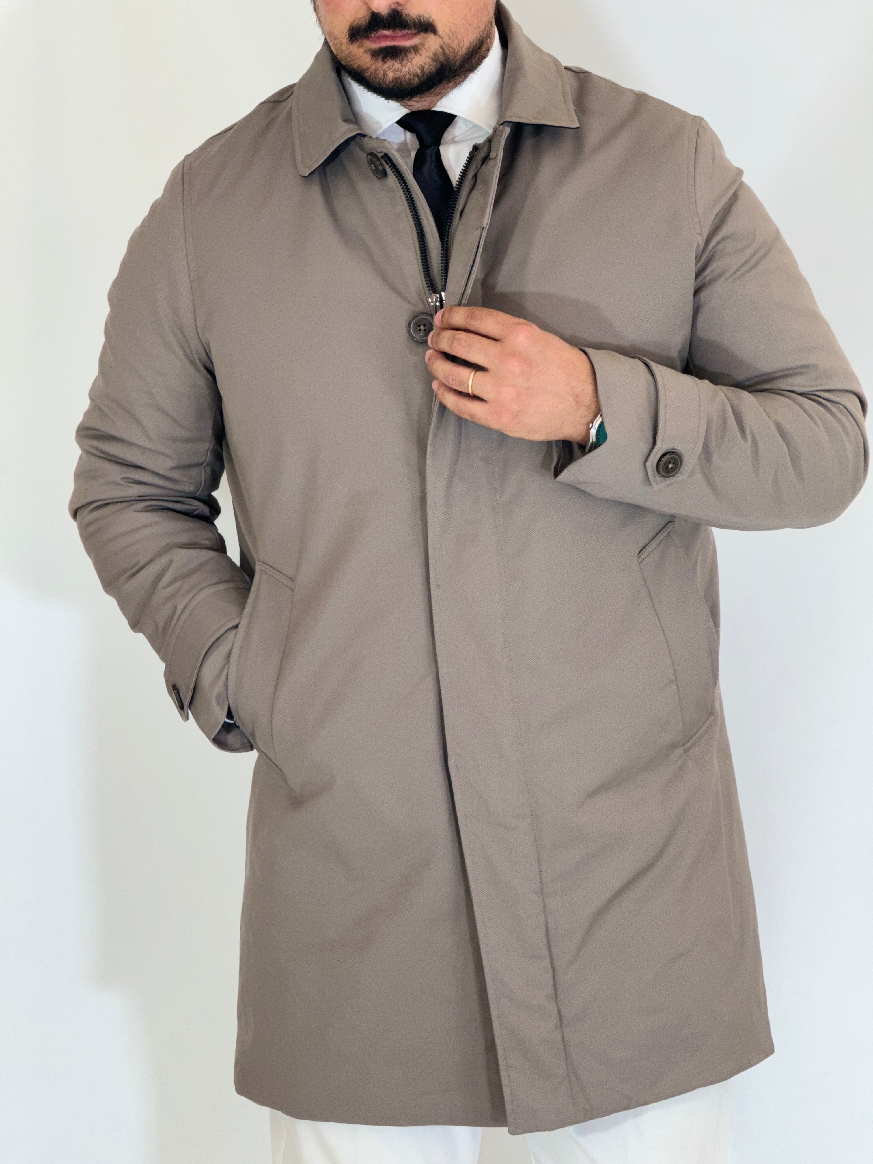Trench tessuto diagonale imbottito tortora RCS007WF