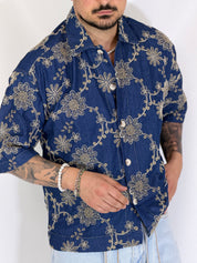 Camicia cropped collo ricamata blu CANYON