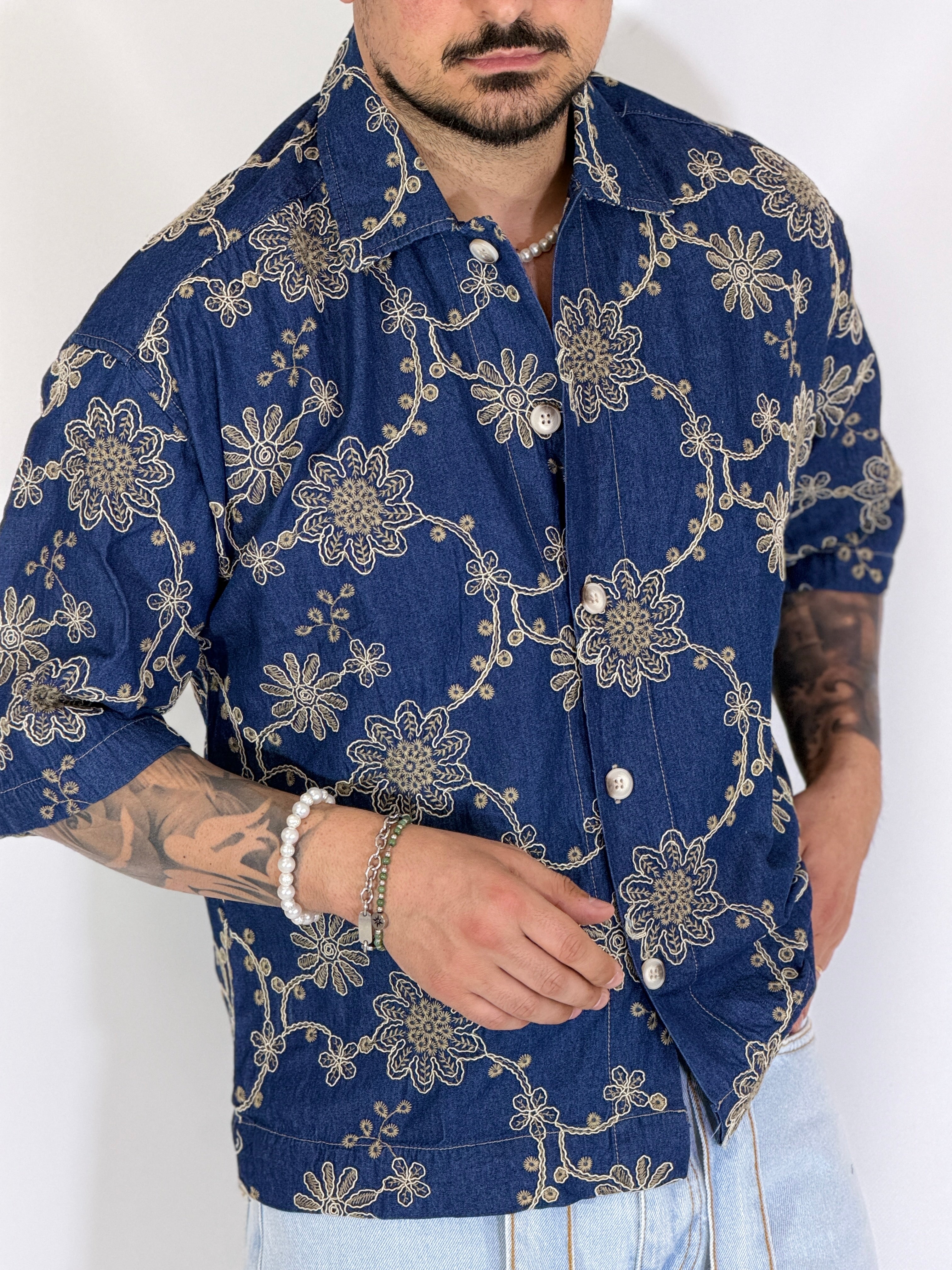 Camicia cropped collo ricamata blu CANYON