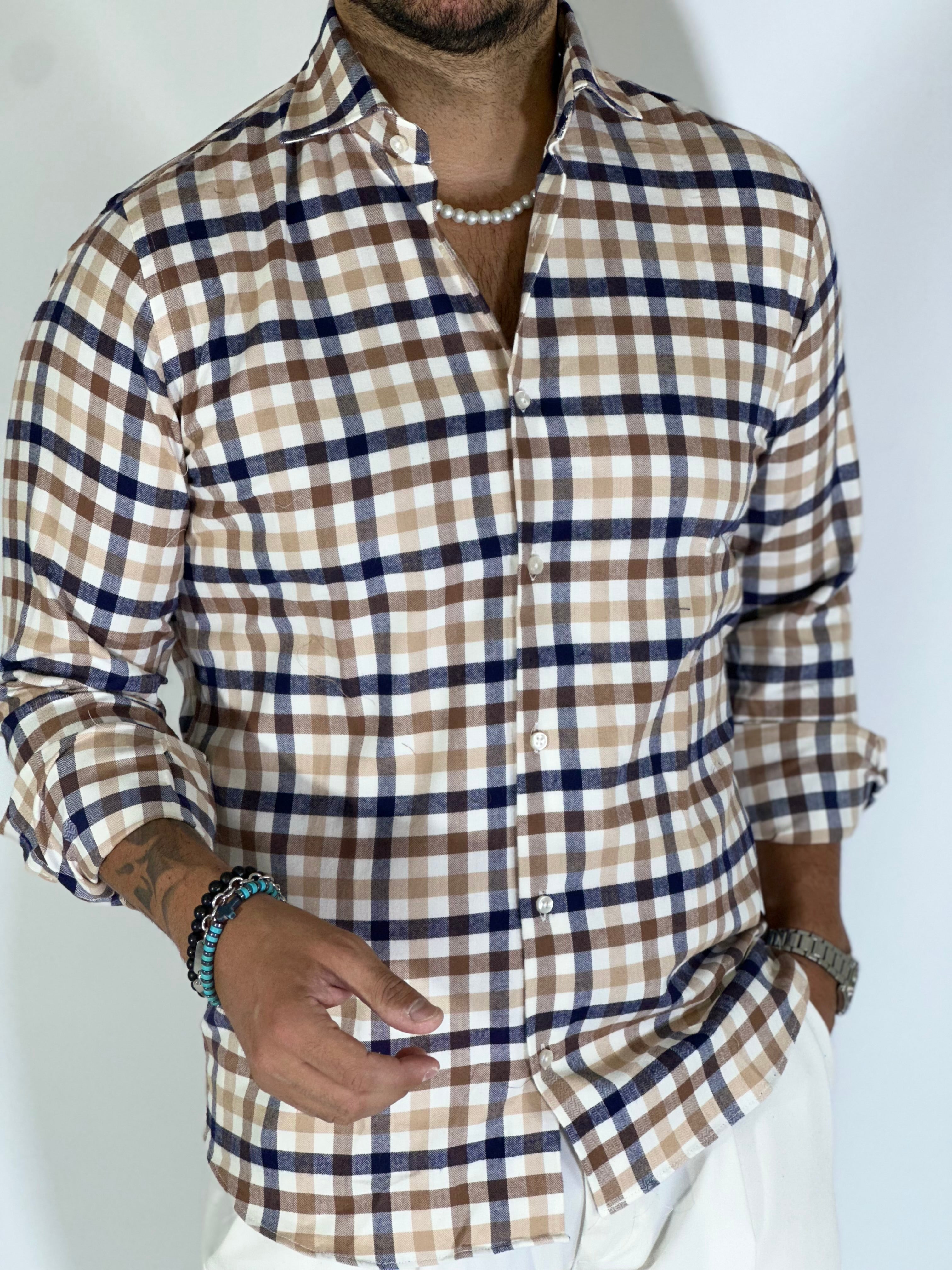 Camicia flanella beige/blu GRANSASSO