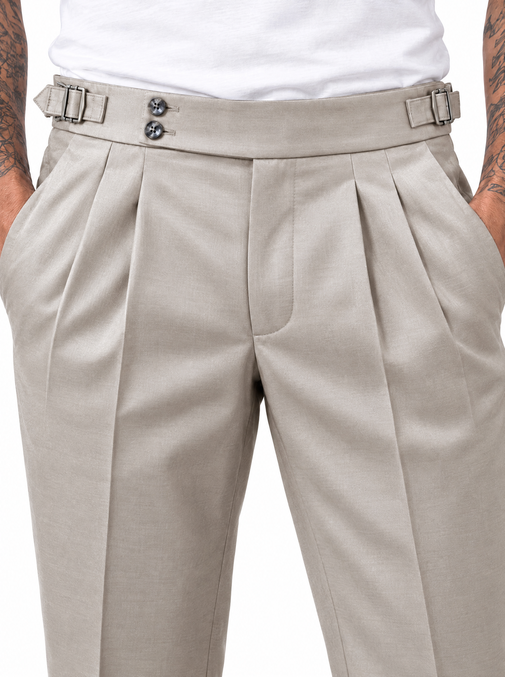 EXPLORER Pantalone vita alta con fibbie beige
