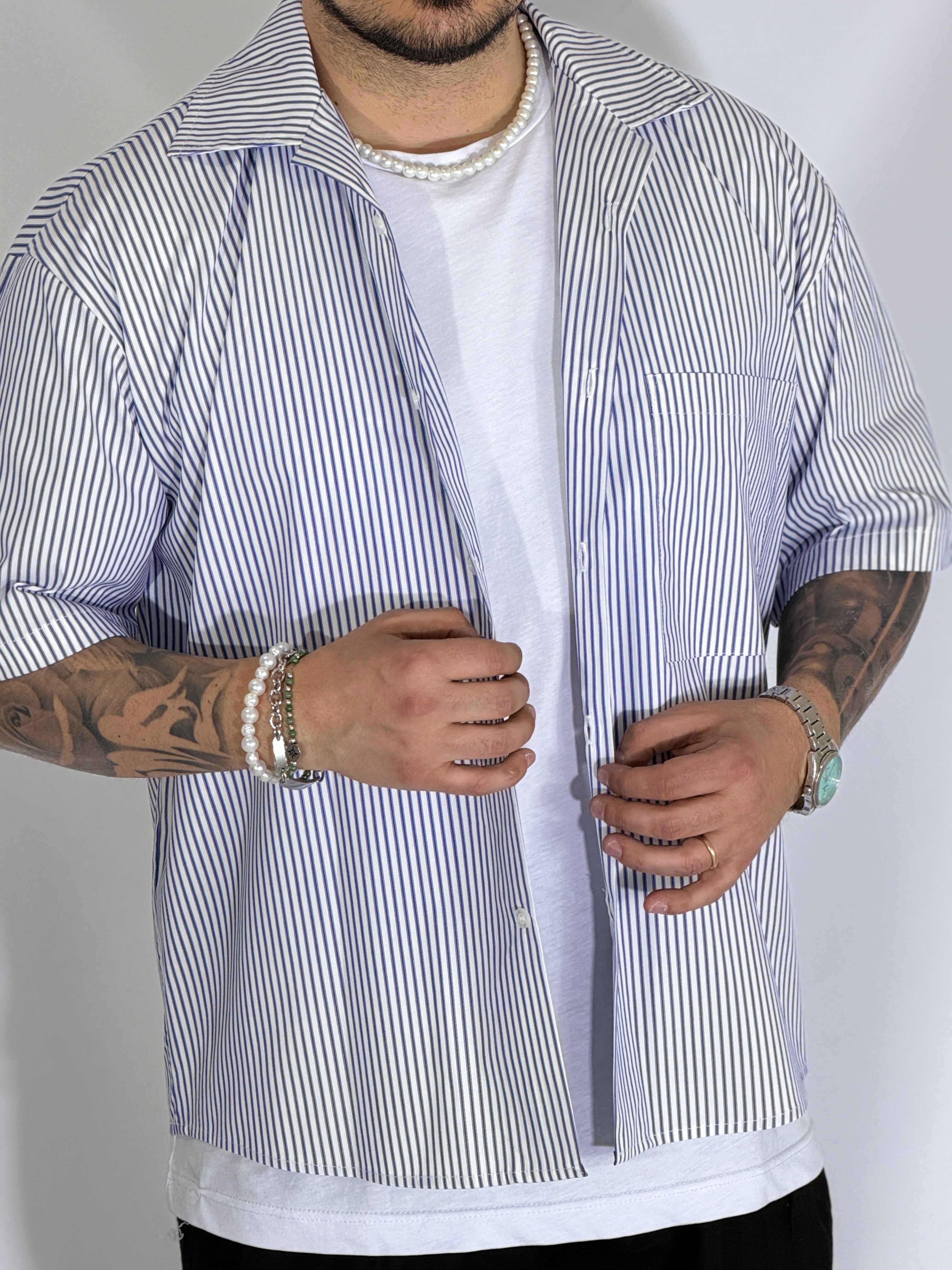 Camicia cropped rigata blu ARNOLD