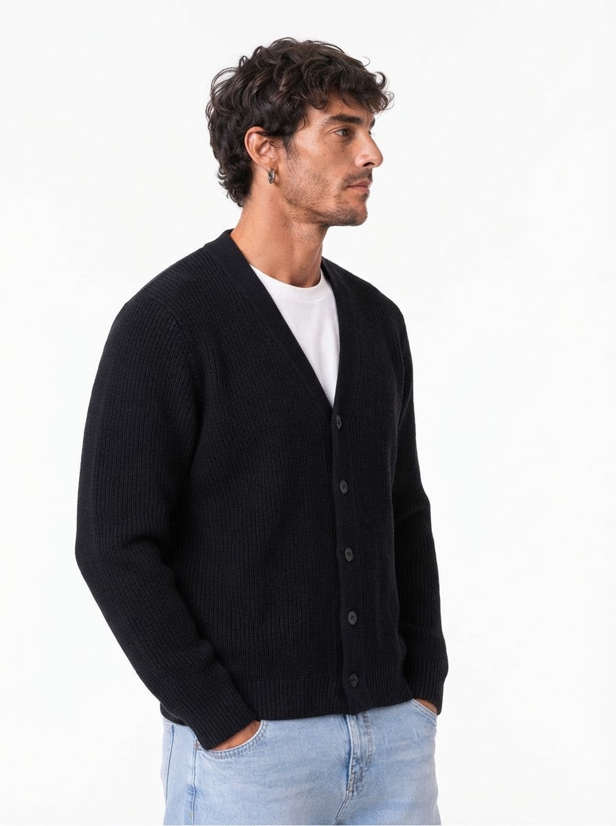 DAMON Cardigan basic a costine nero
