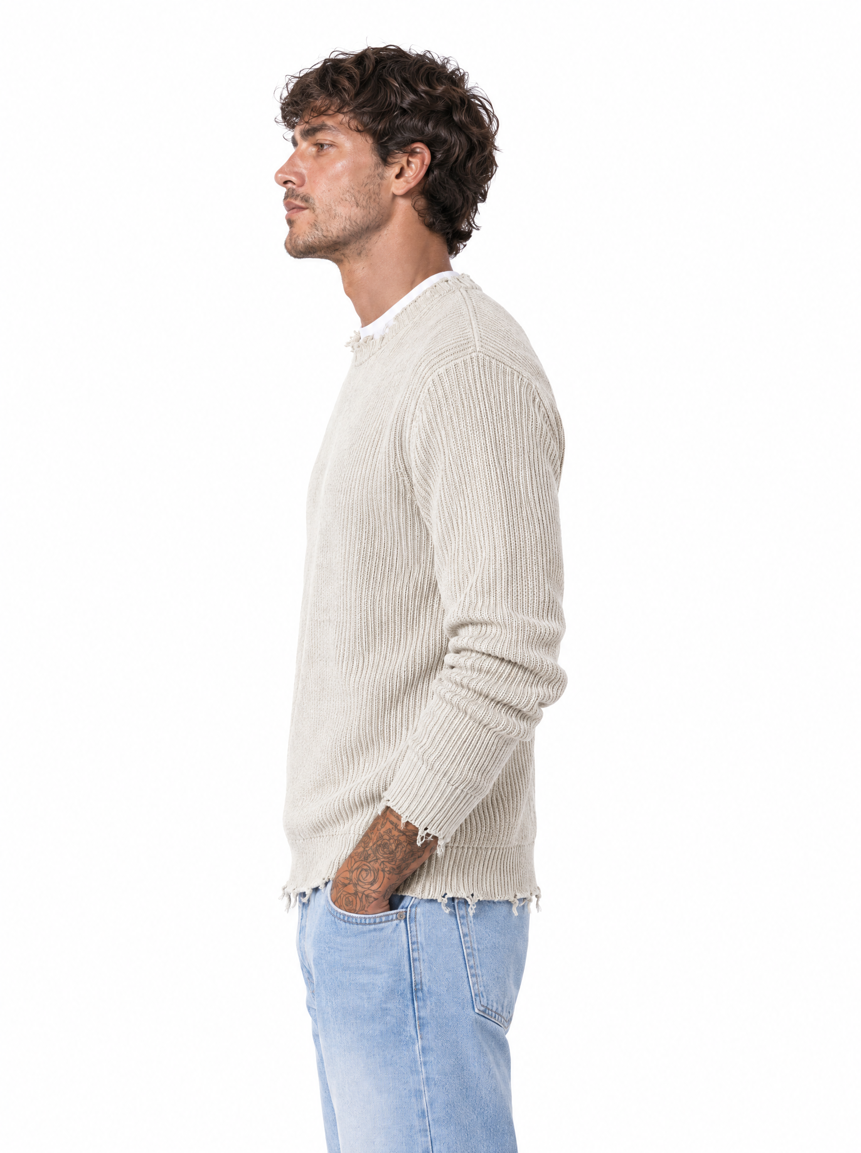 Maglia a costine spalla scesa ivory white W86429