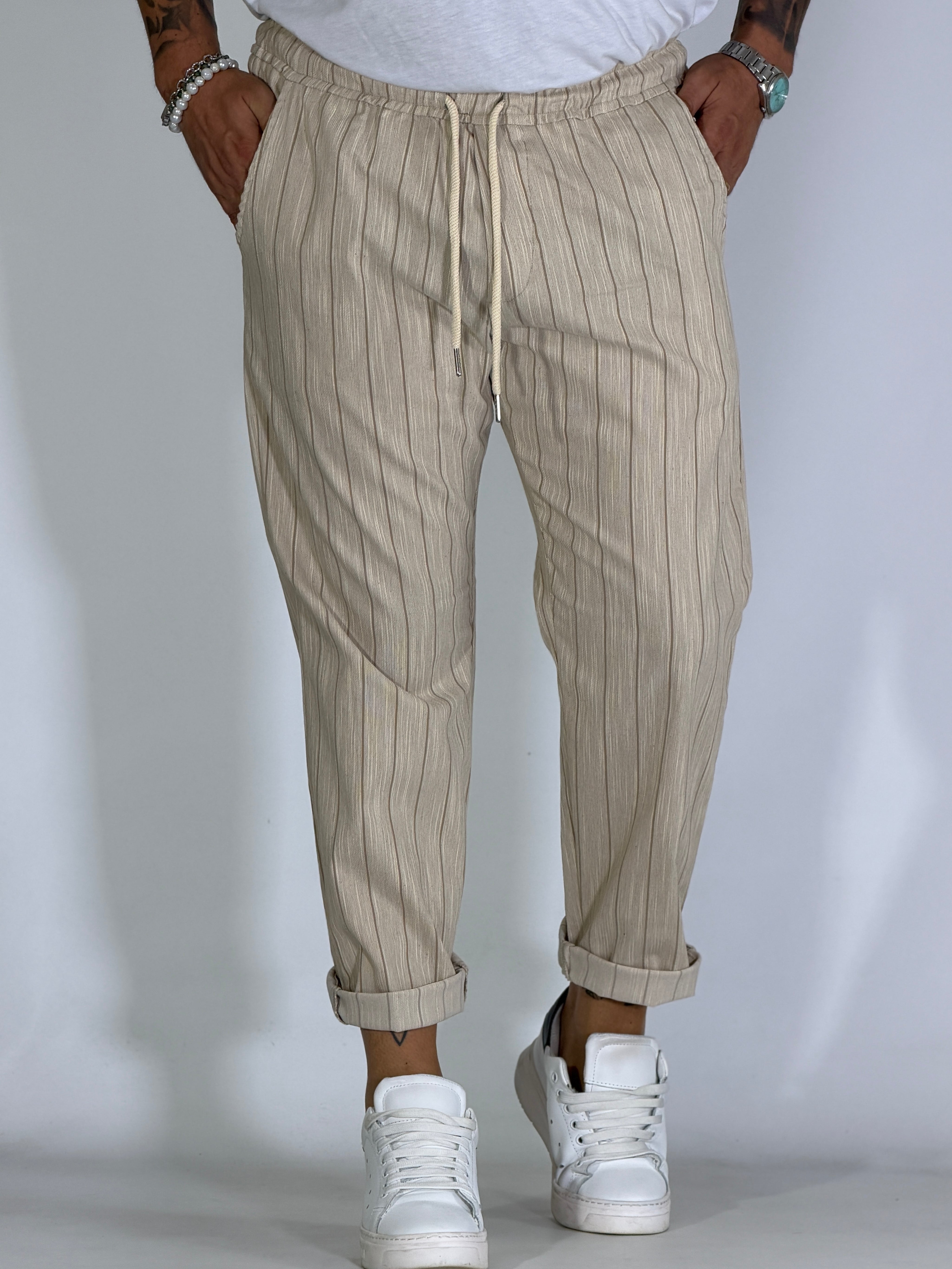 Pantalaccio effetto lino gessato beige LESINA