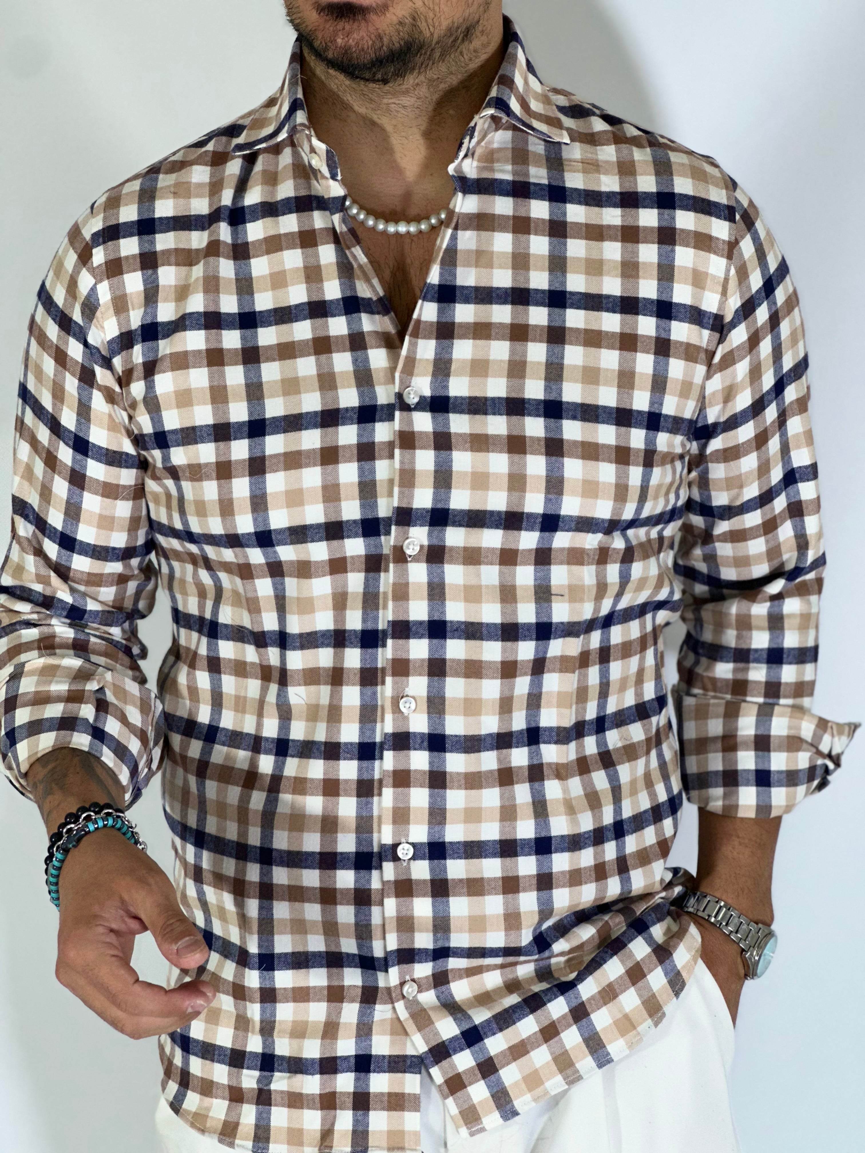 Camicia flanella beige/blu GRANSASSO