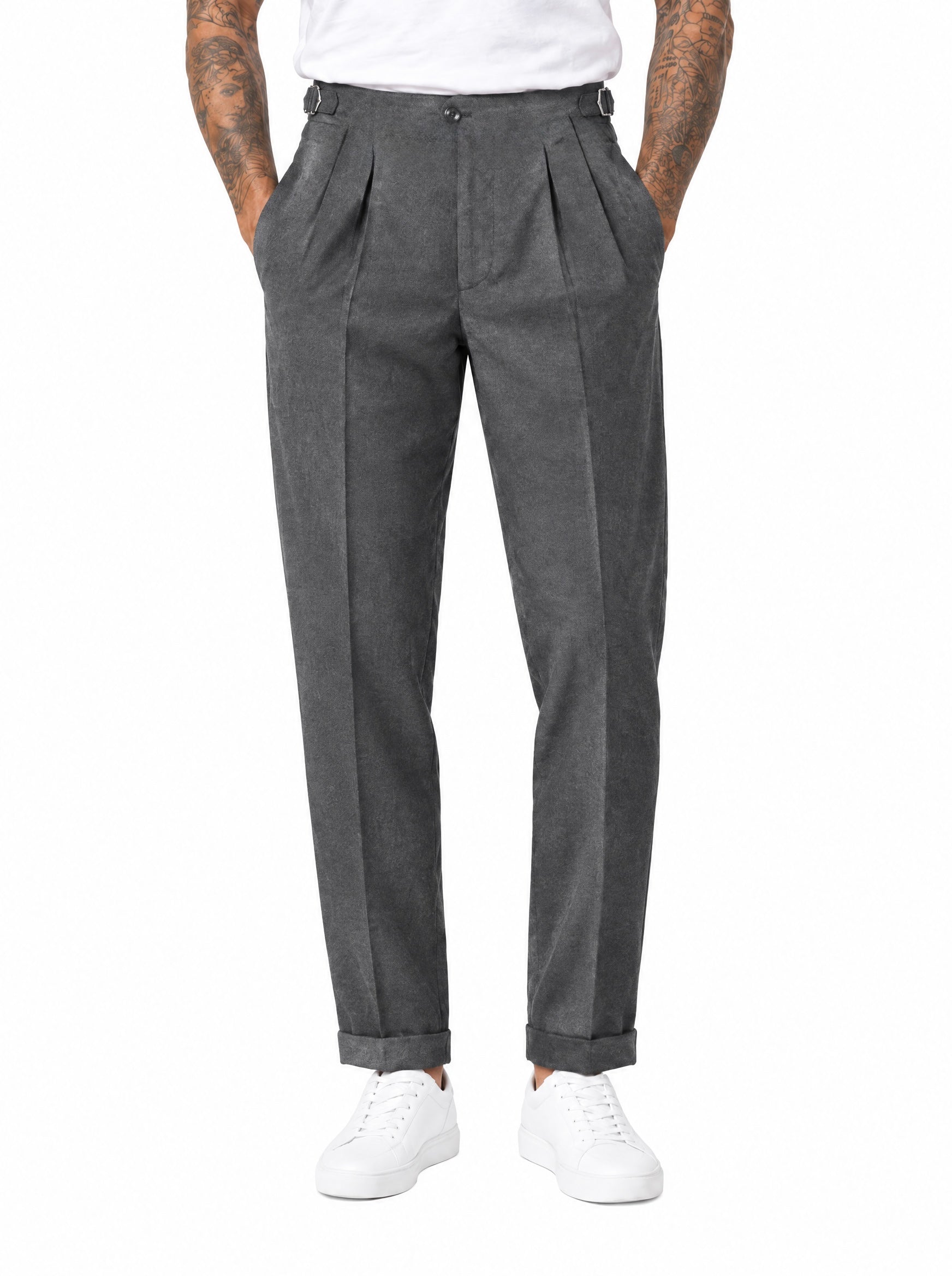 PONCHO Pantalone vita alta con fibbie grigio