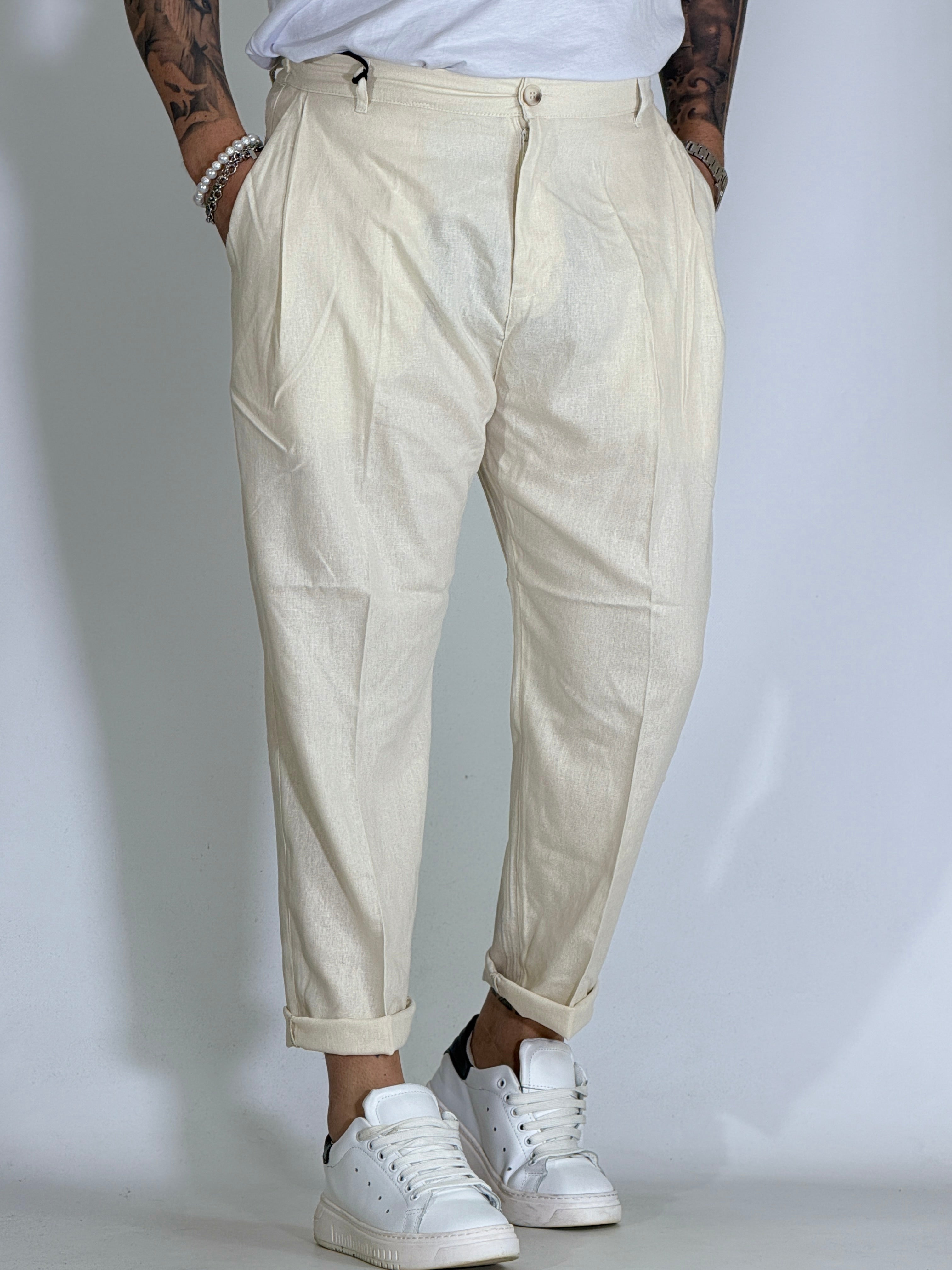 Nomad lino · Pantalone carrot con pince avorio