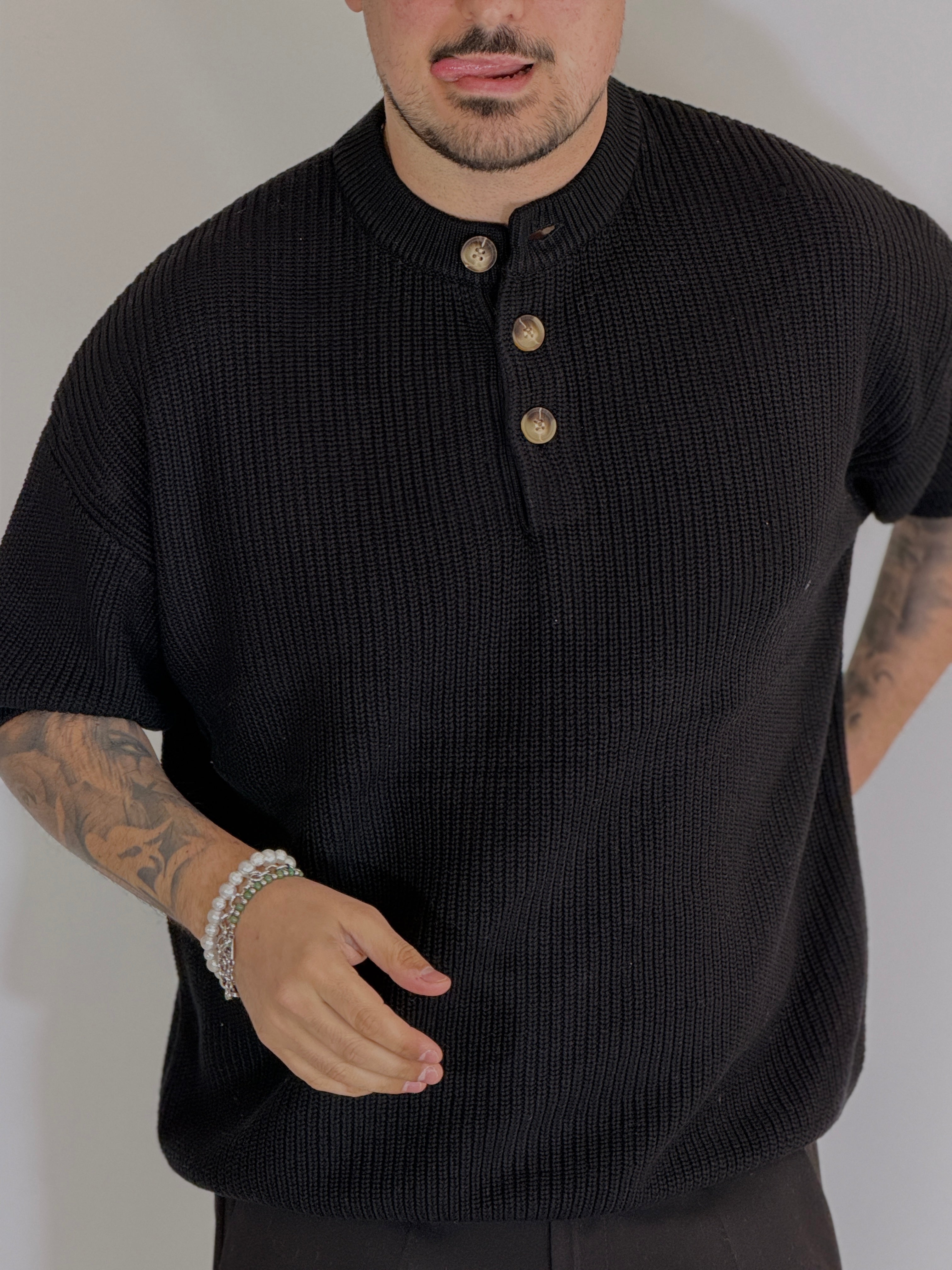 T-shirt serafino a costine nero VIP972A
