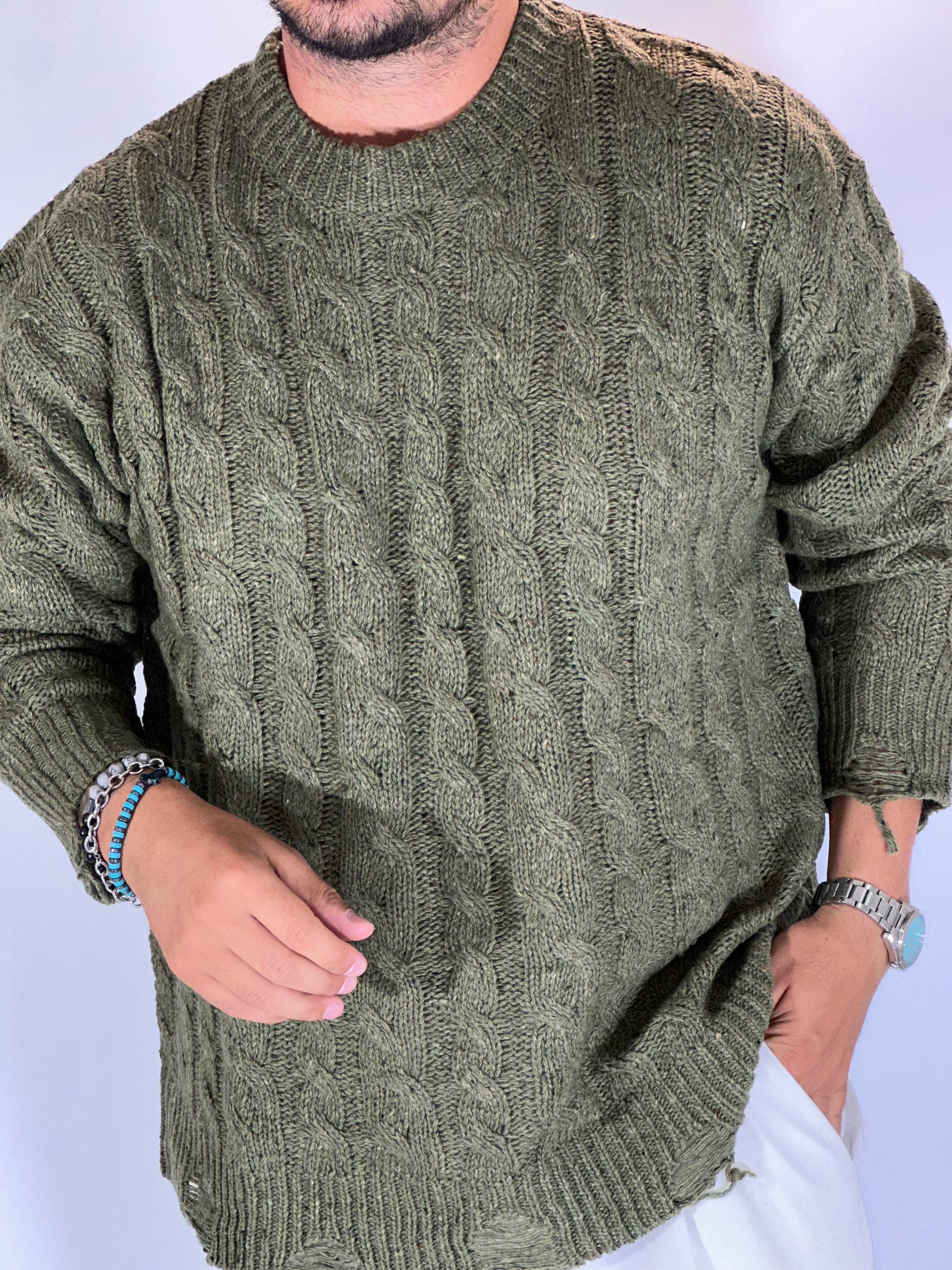 Maglione intrecciato sceso over army green AJ716