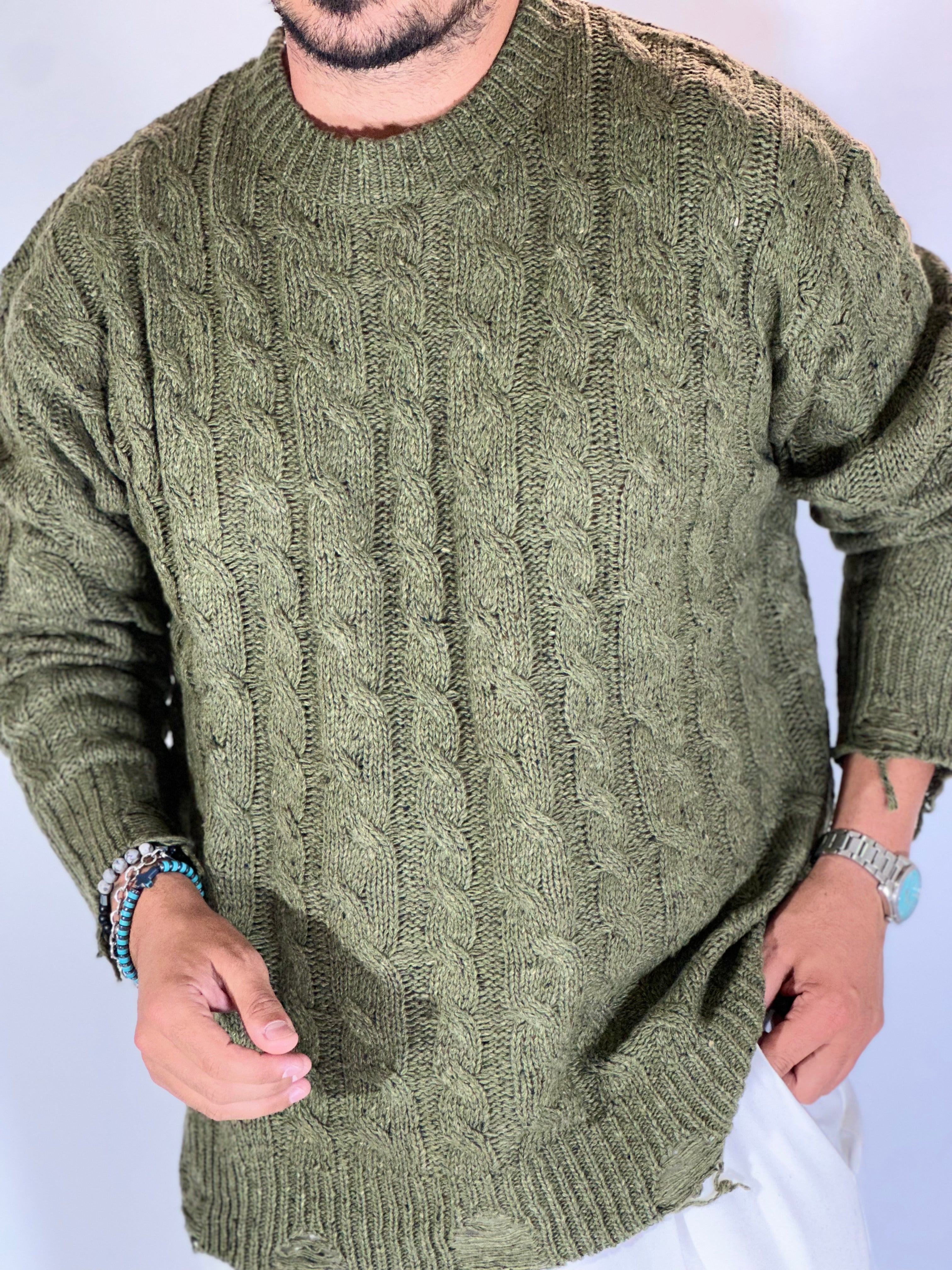 Maglione intrecciato sceso over army green AJ716