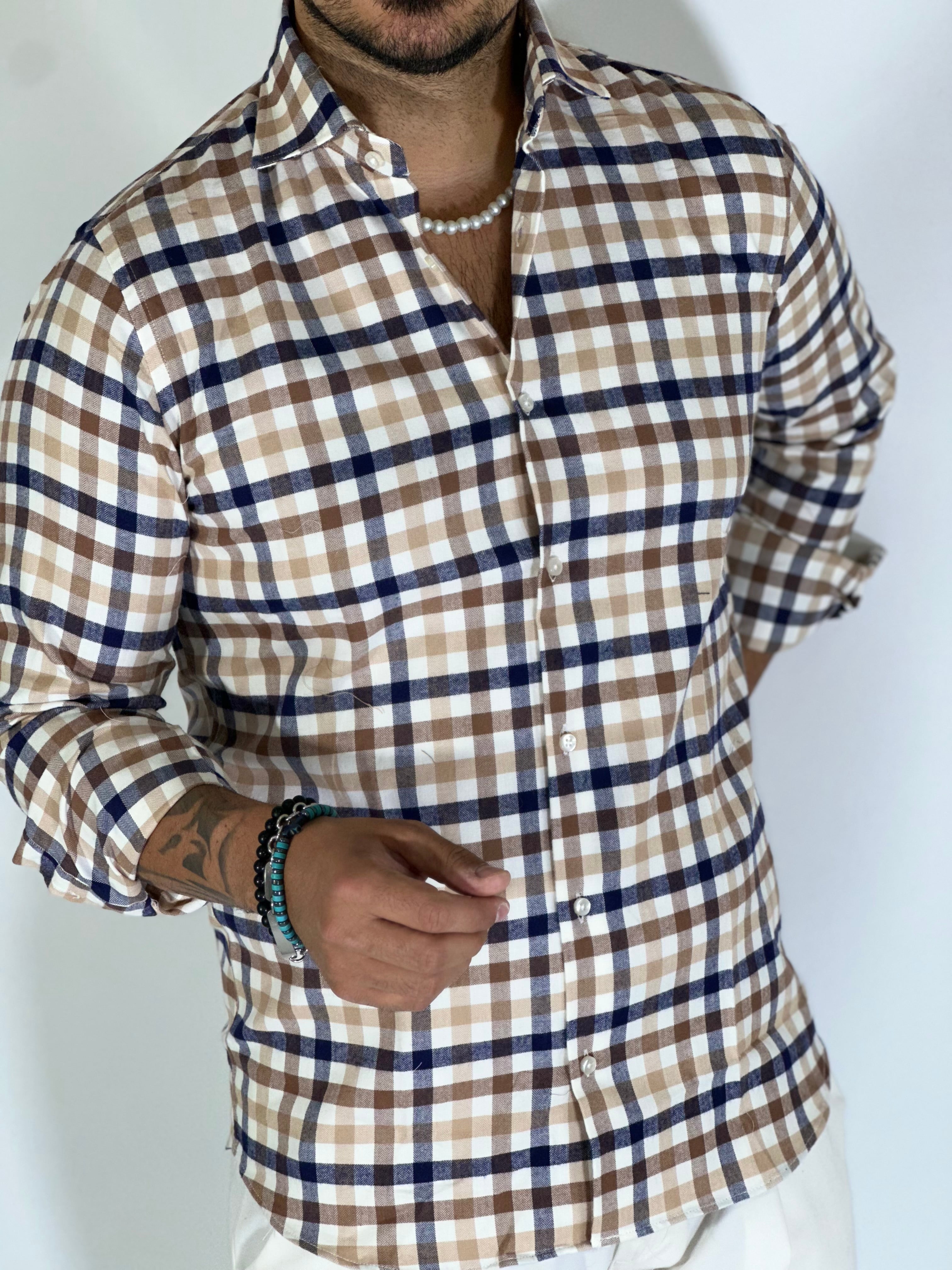 Camicia flanella beige/blu GRANSASSO