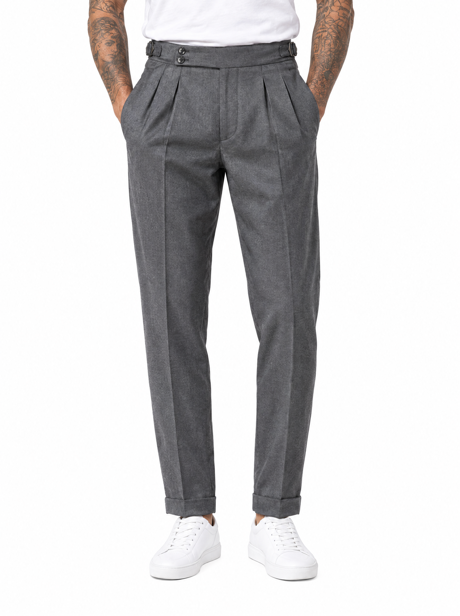 EXPLORER Pantalone vita alta con fibbie grigio