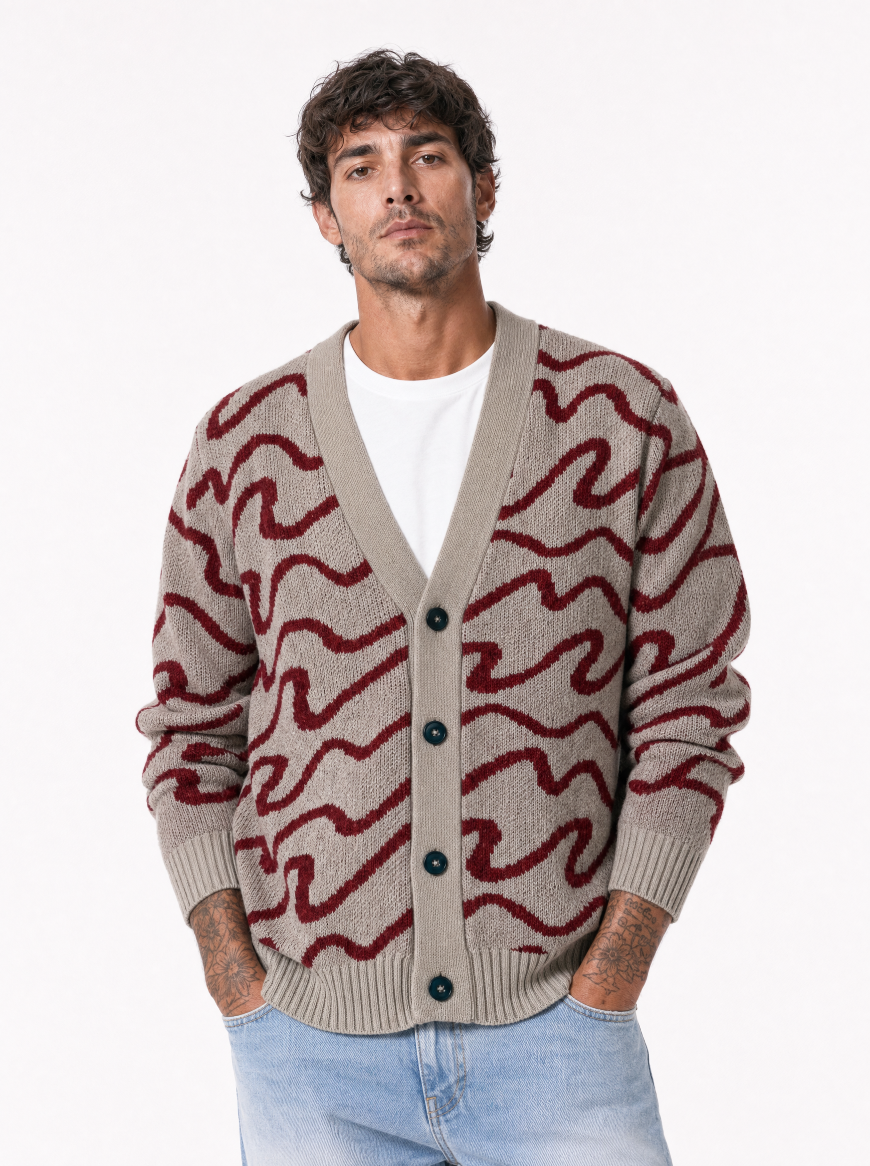 COSTIERA cardigan grigio-rosso jacquard