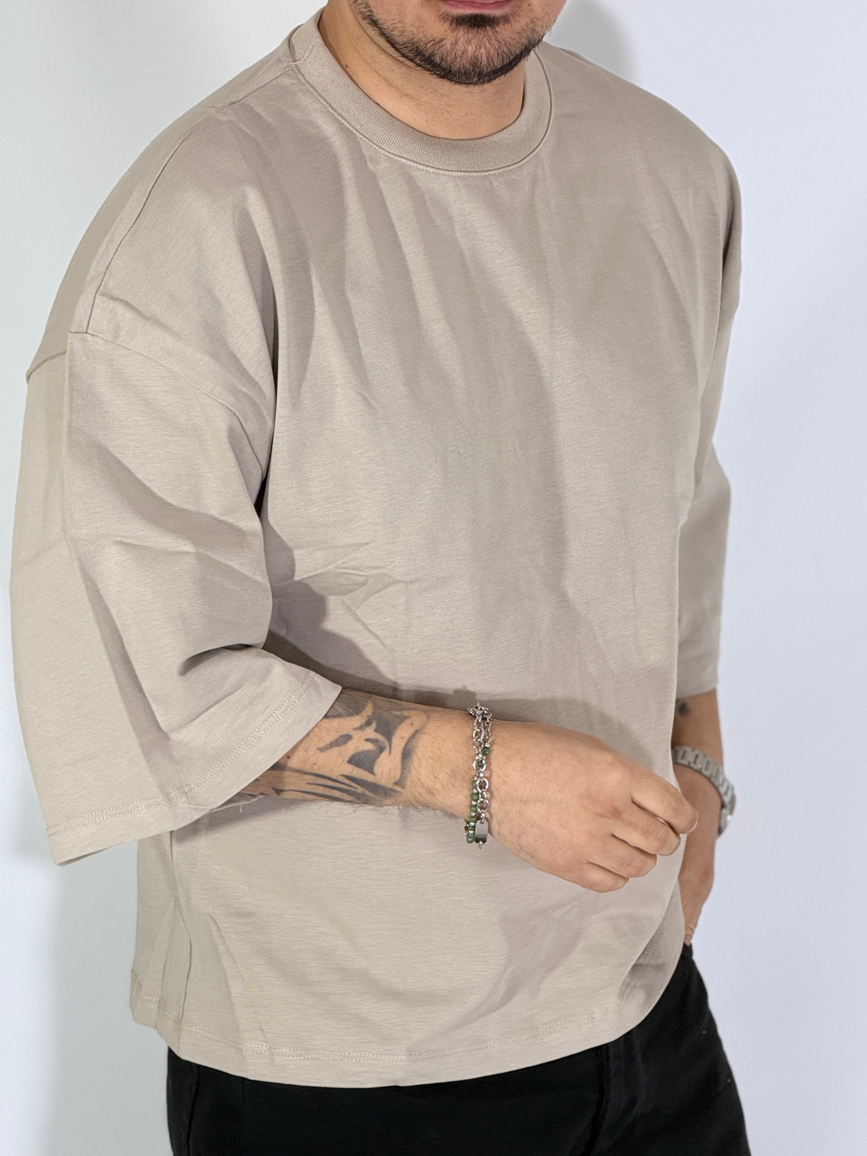 T-Shirt cropped manica a tre quarti tortora 1069