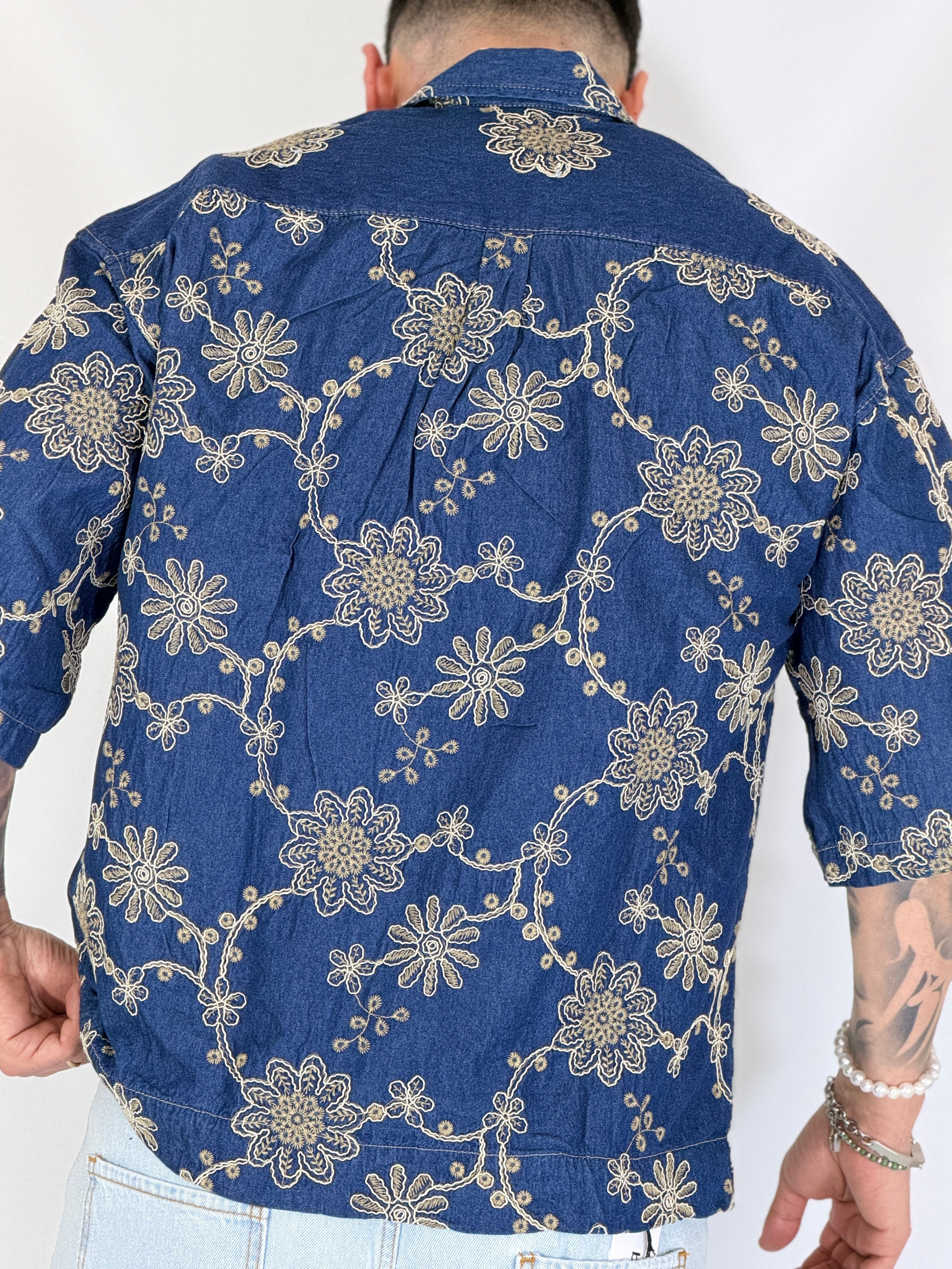 Camicia cropped collo ricamata blu CANYON