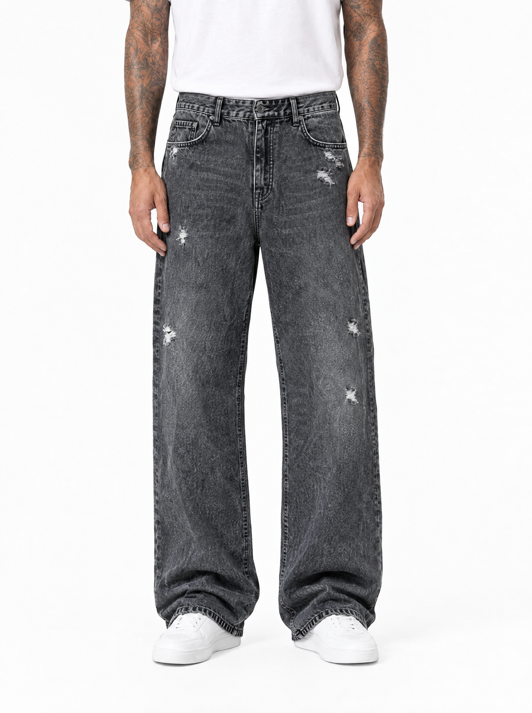 TANGERI jeans baggy fit con abrasioni cenere