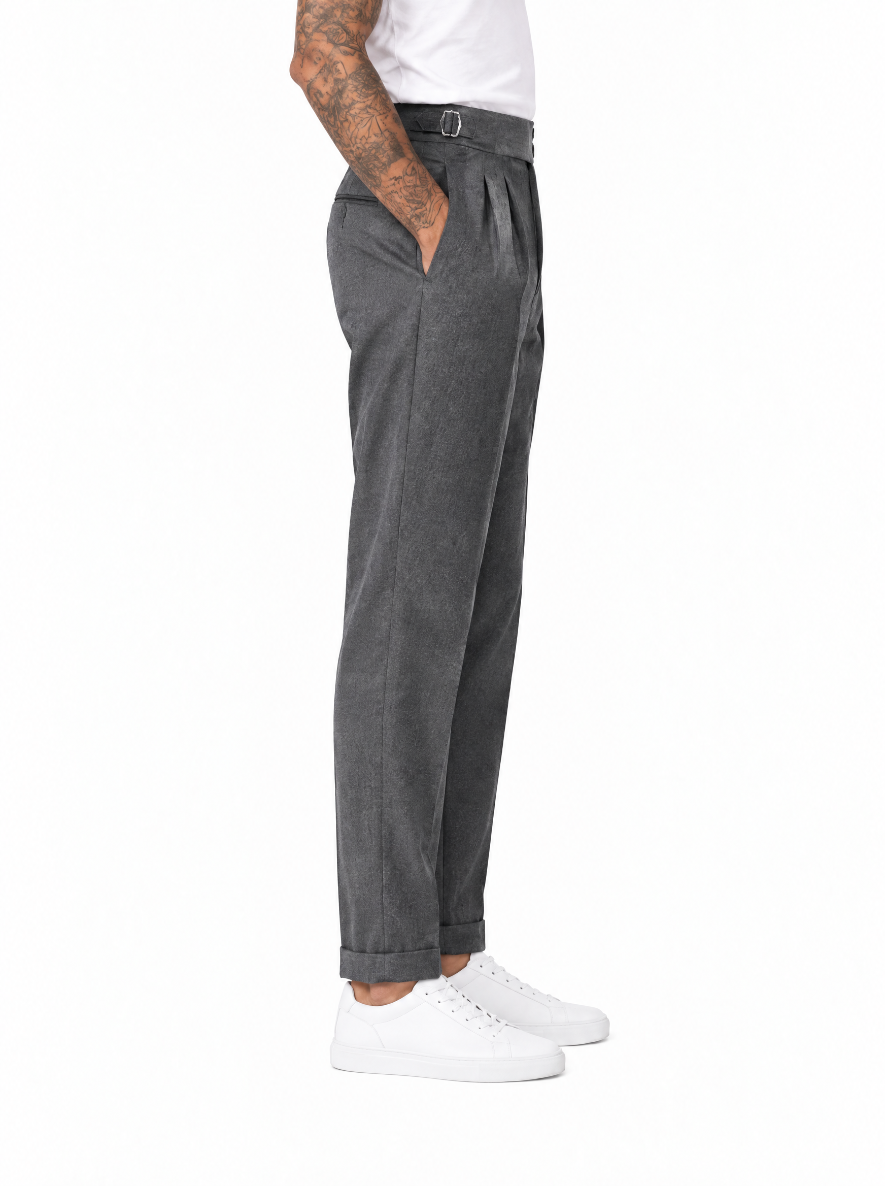 PONCHO Pantalone vita alta con fibbie grigio