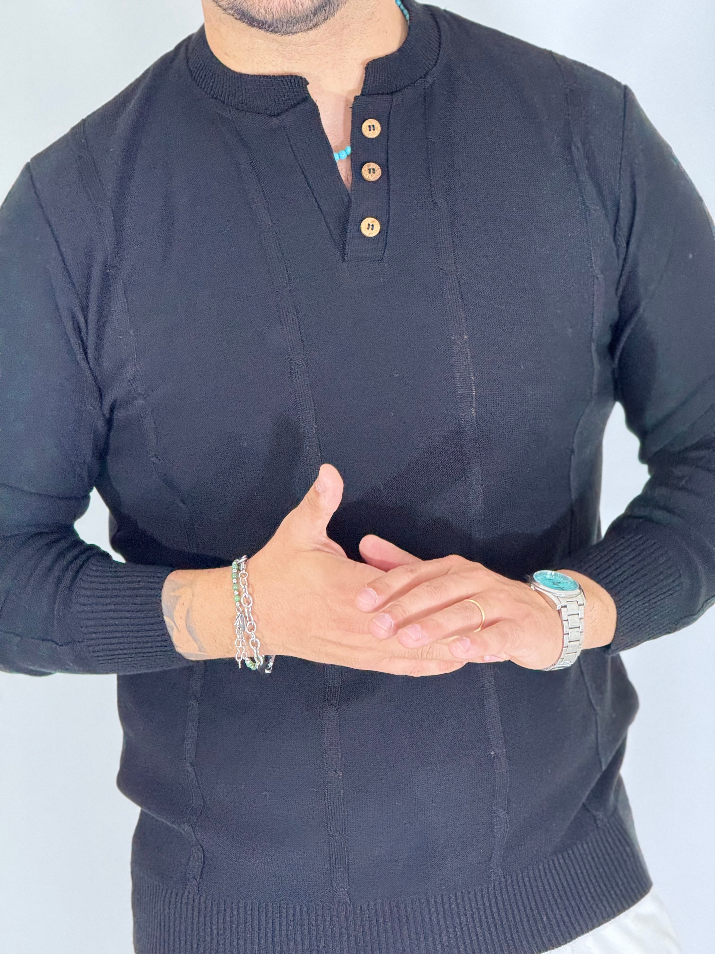 Maglia serafino 3 bottoni nera A446