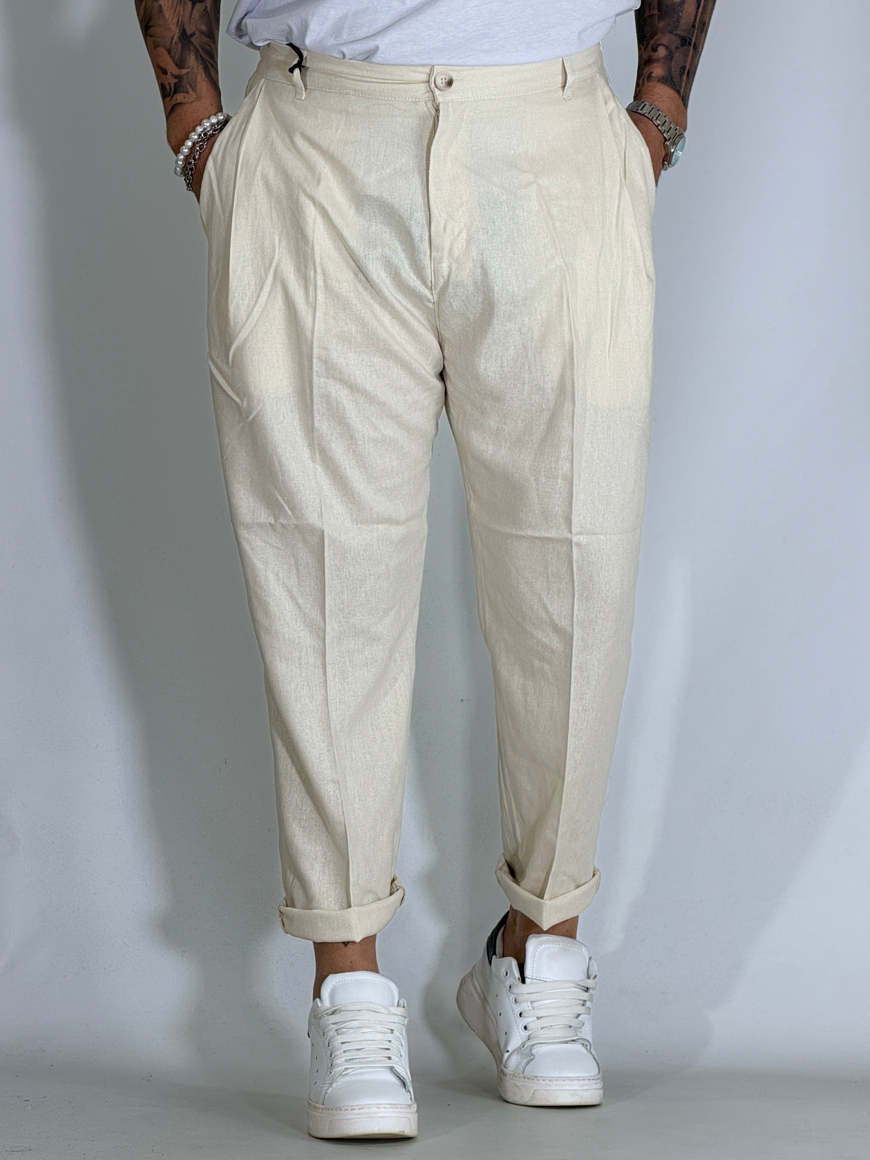 Nomad lino · Pantalone carrot con pince avorio