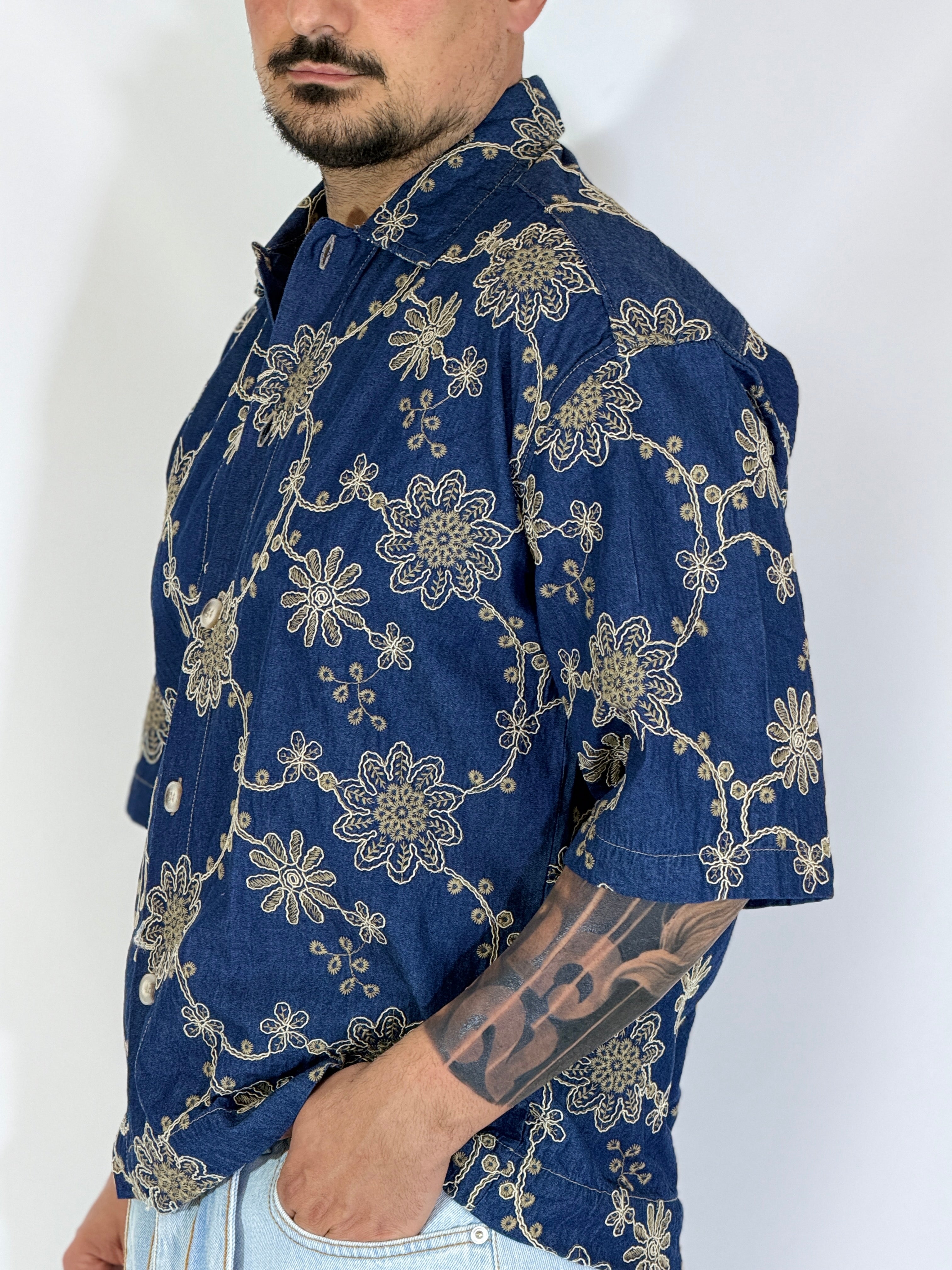 Camicia cropped collo ricamata blu CANYON