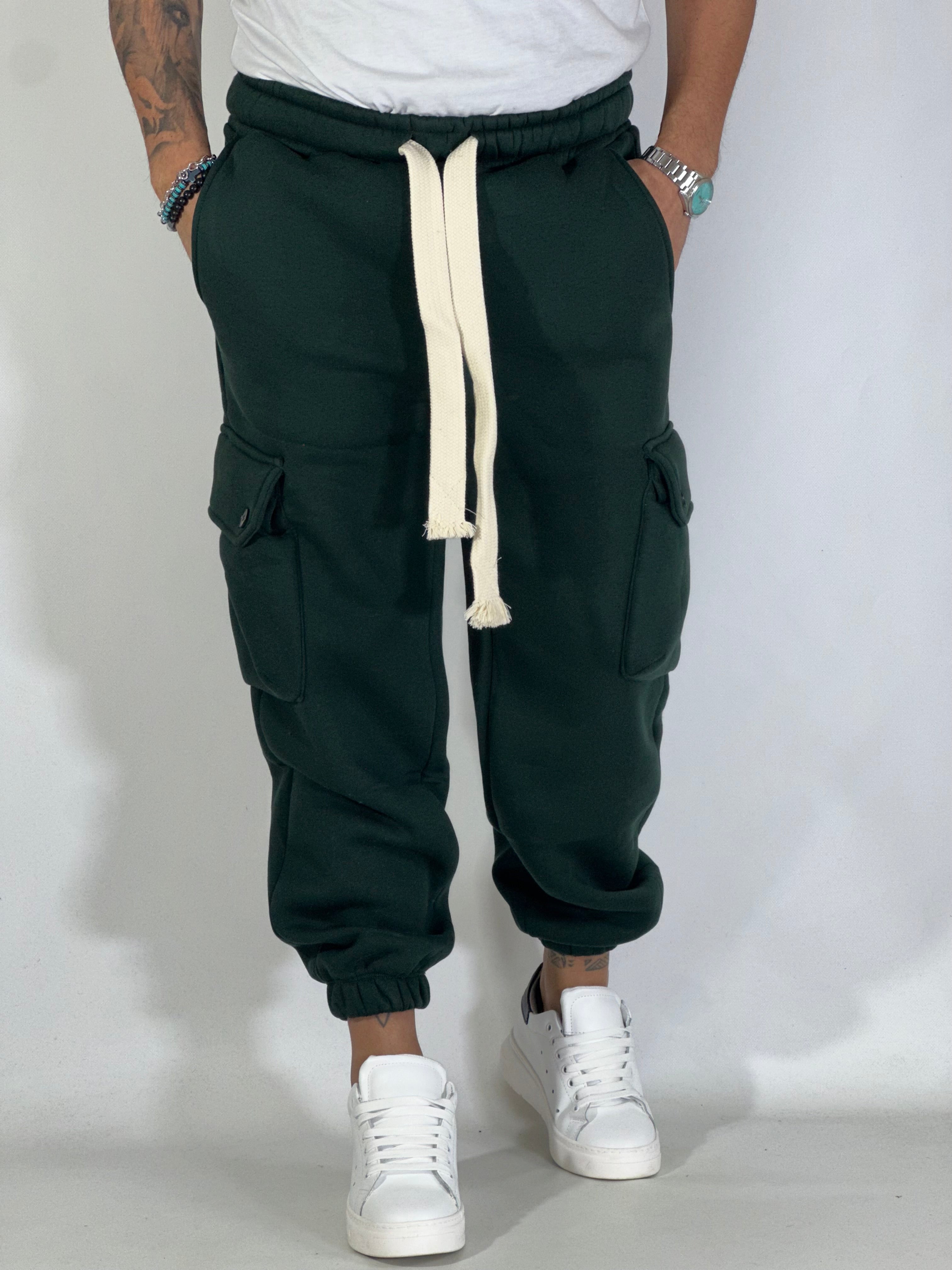 Pantalone tuta over felpato verde cargo DC2034PC