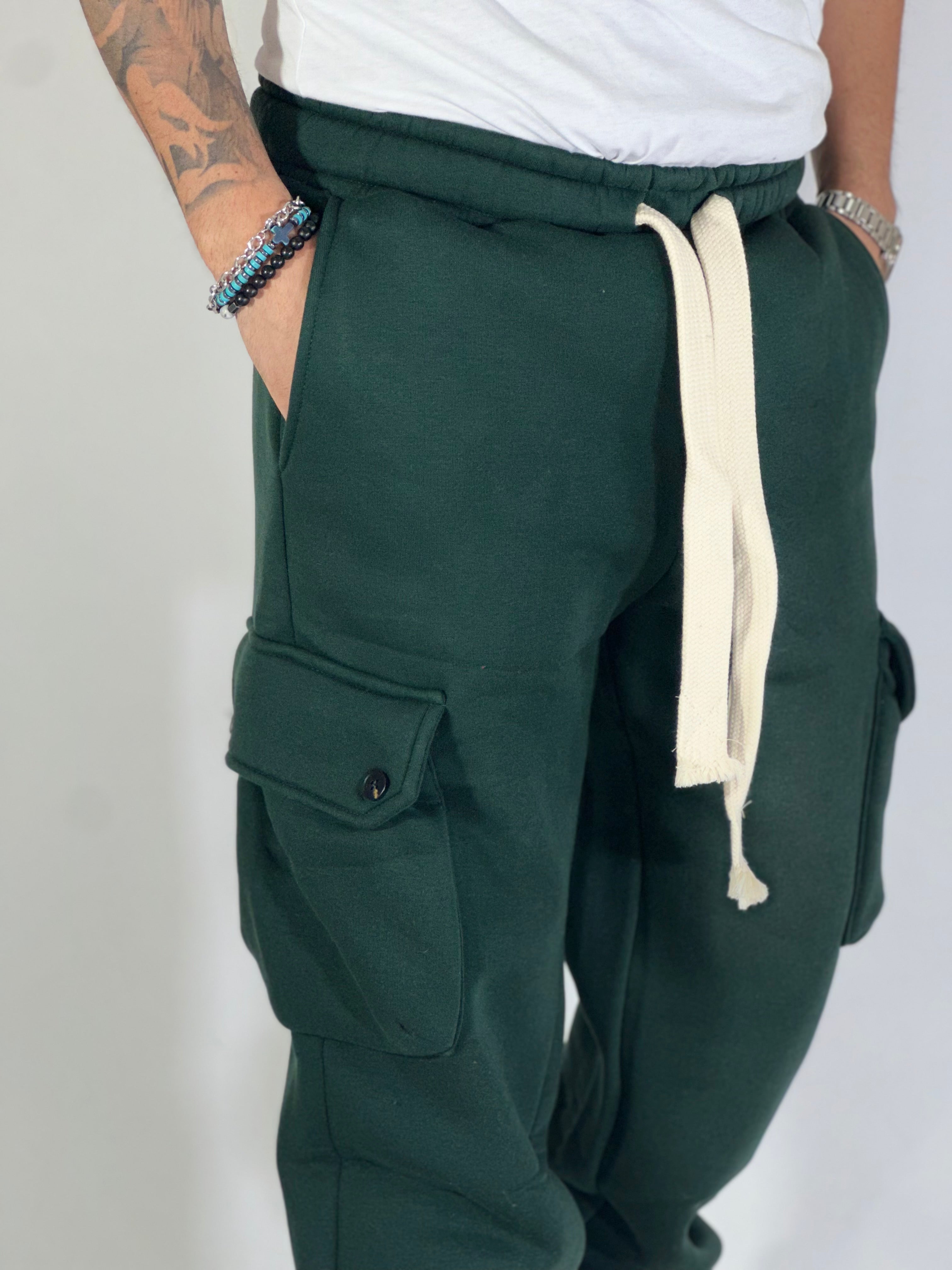 Pantalone tuta over felpato verde cargo DC2034PC