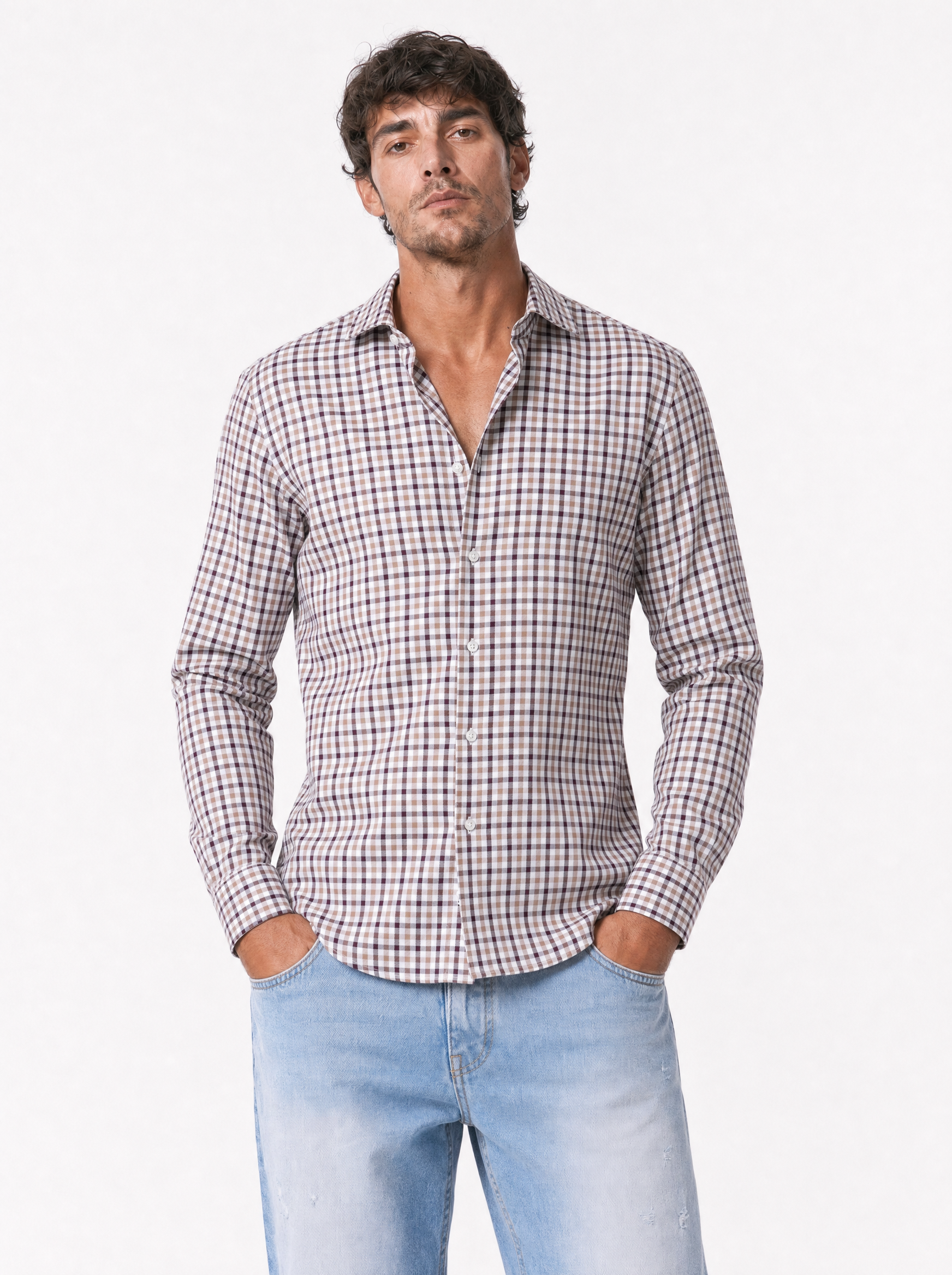 CATTOLICA Camicia quadri marrone-beige