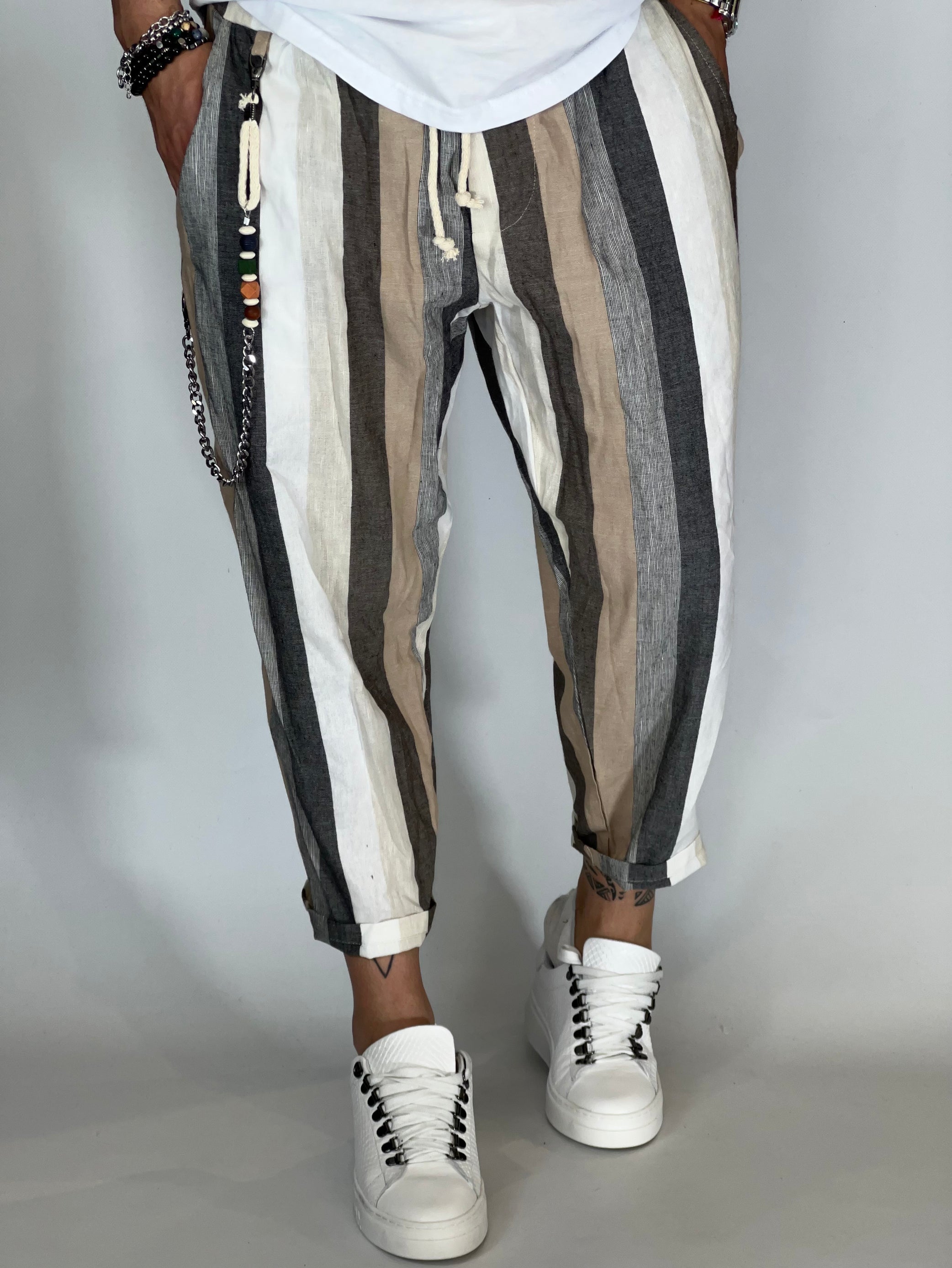 Pantalaccio rigato effetto lino cammello GPE238
