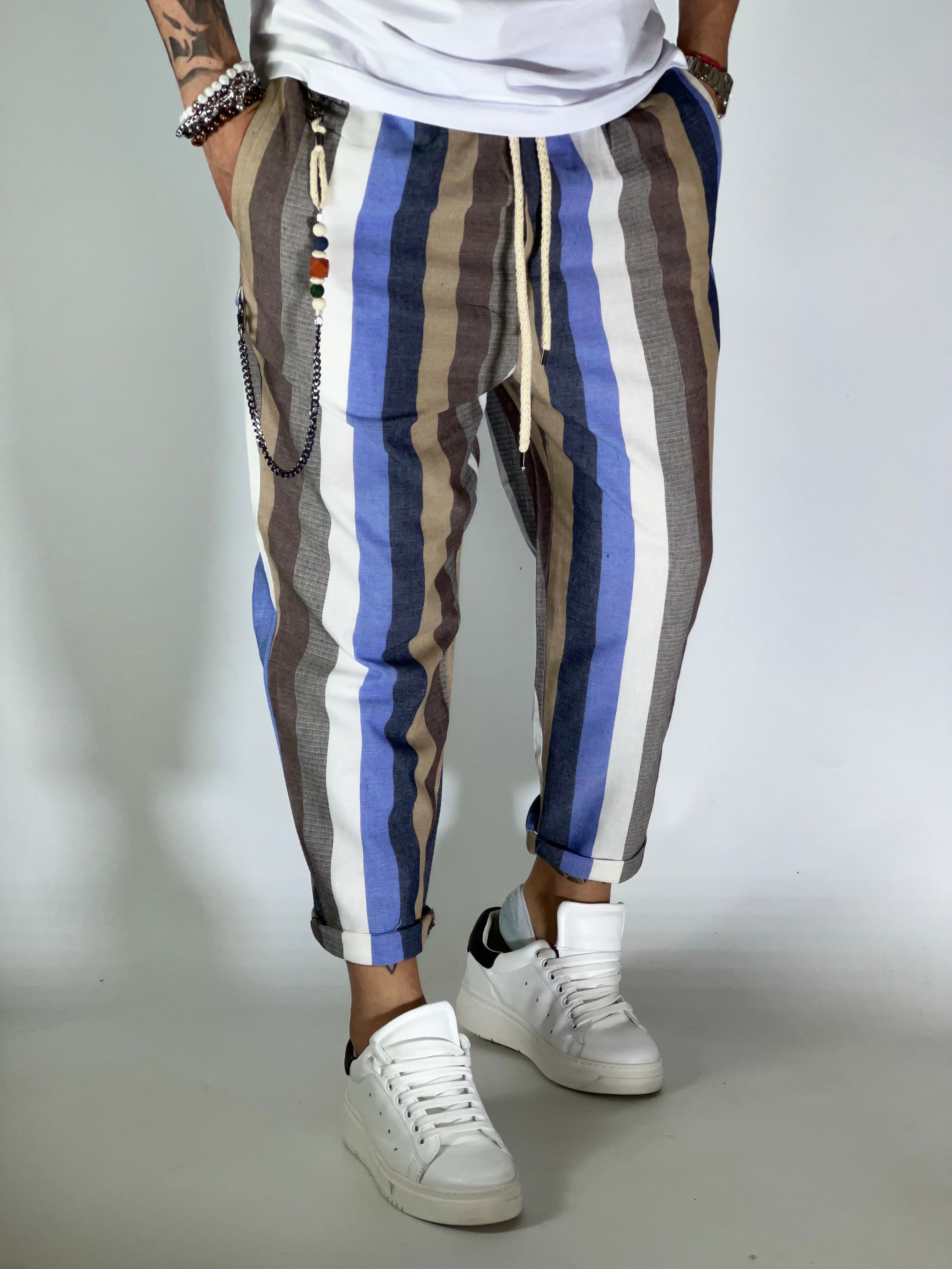 Pantalaccio rigato effetto lino cielo GPE238