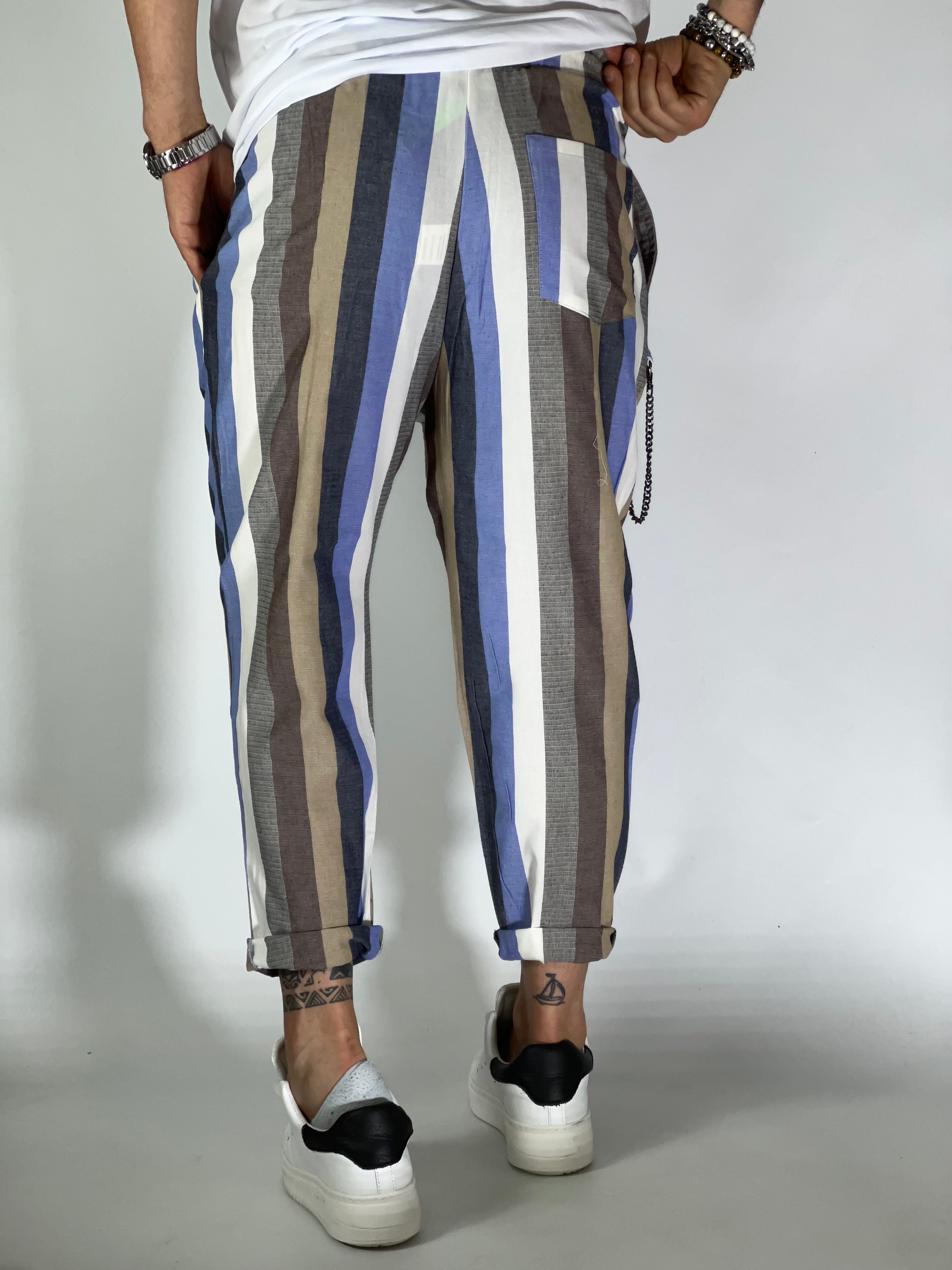 Pantalaccio rigato effetto lino cielo GPE238